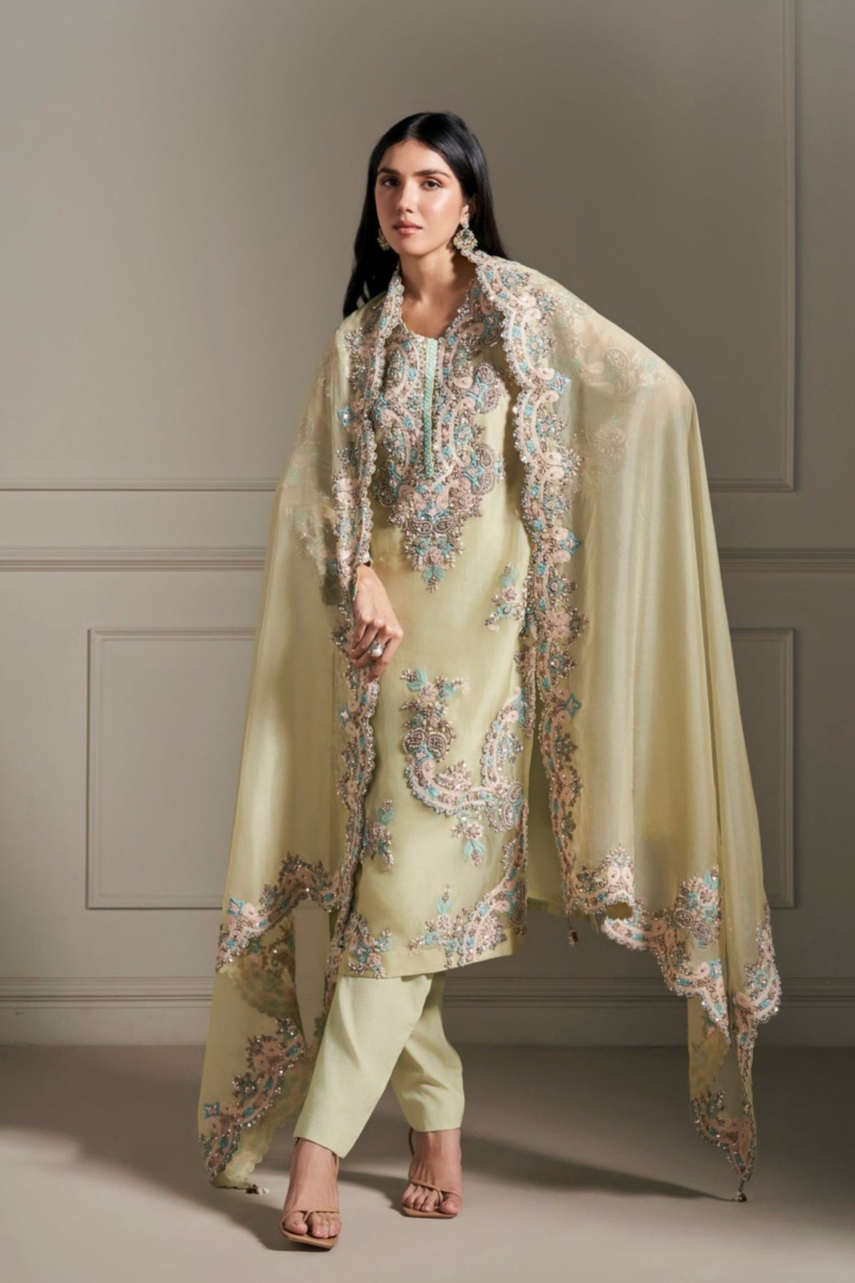 Opulent Light Green Hand Embellished Kurta Set