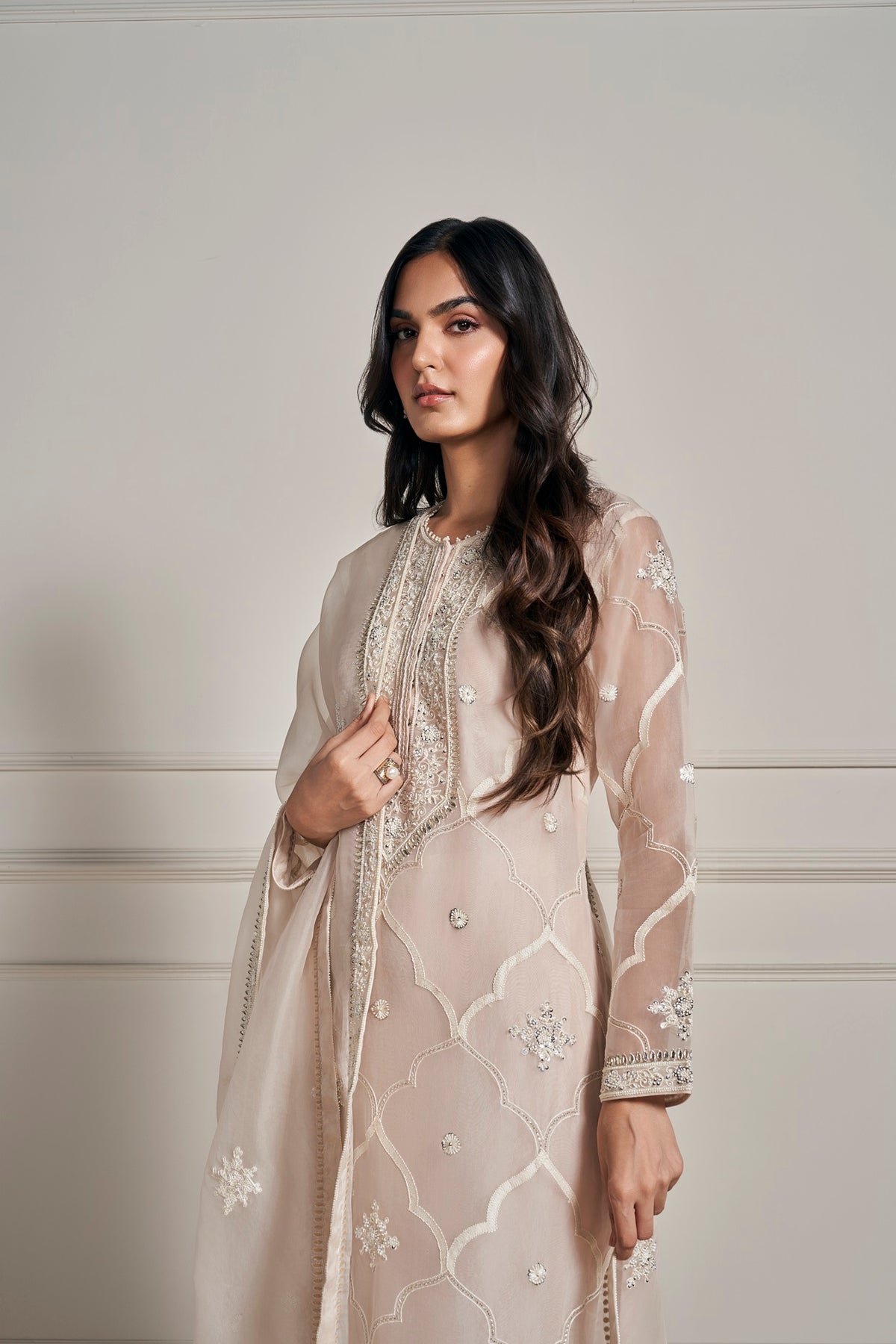 Opulent Light Beige Hand Embellished Kurta Set