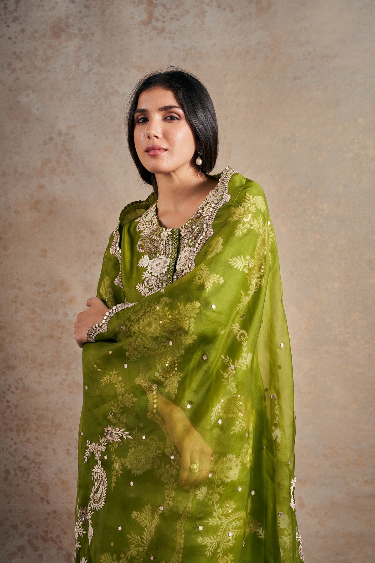 Chic Olive Green Hand Embellished Kurta Set