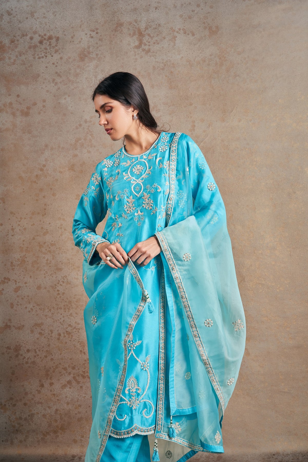 Regal Turquoise Blue Hand Embellished Kurta Set