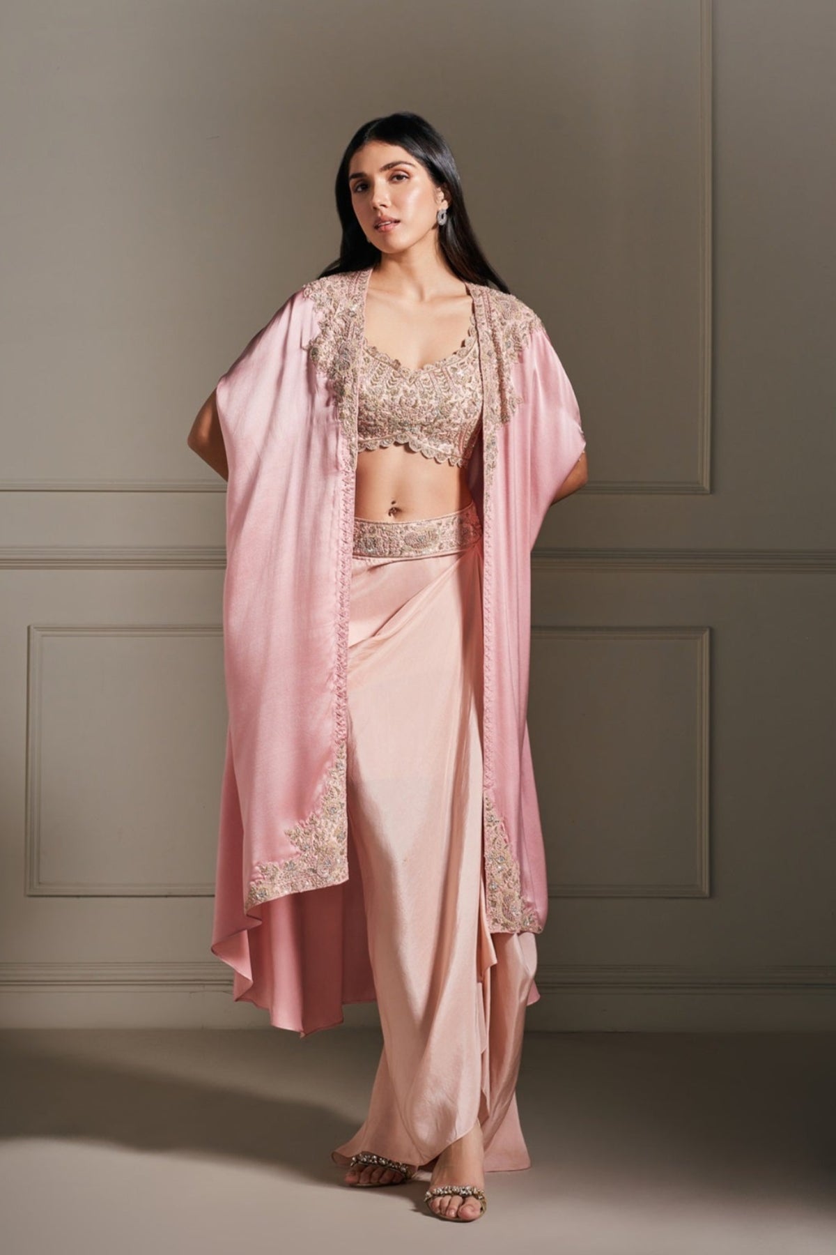Chic Majesty: Embellished Pink Cape Set