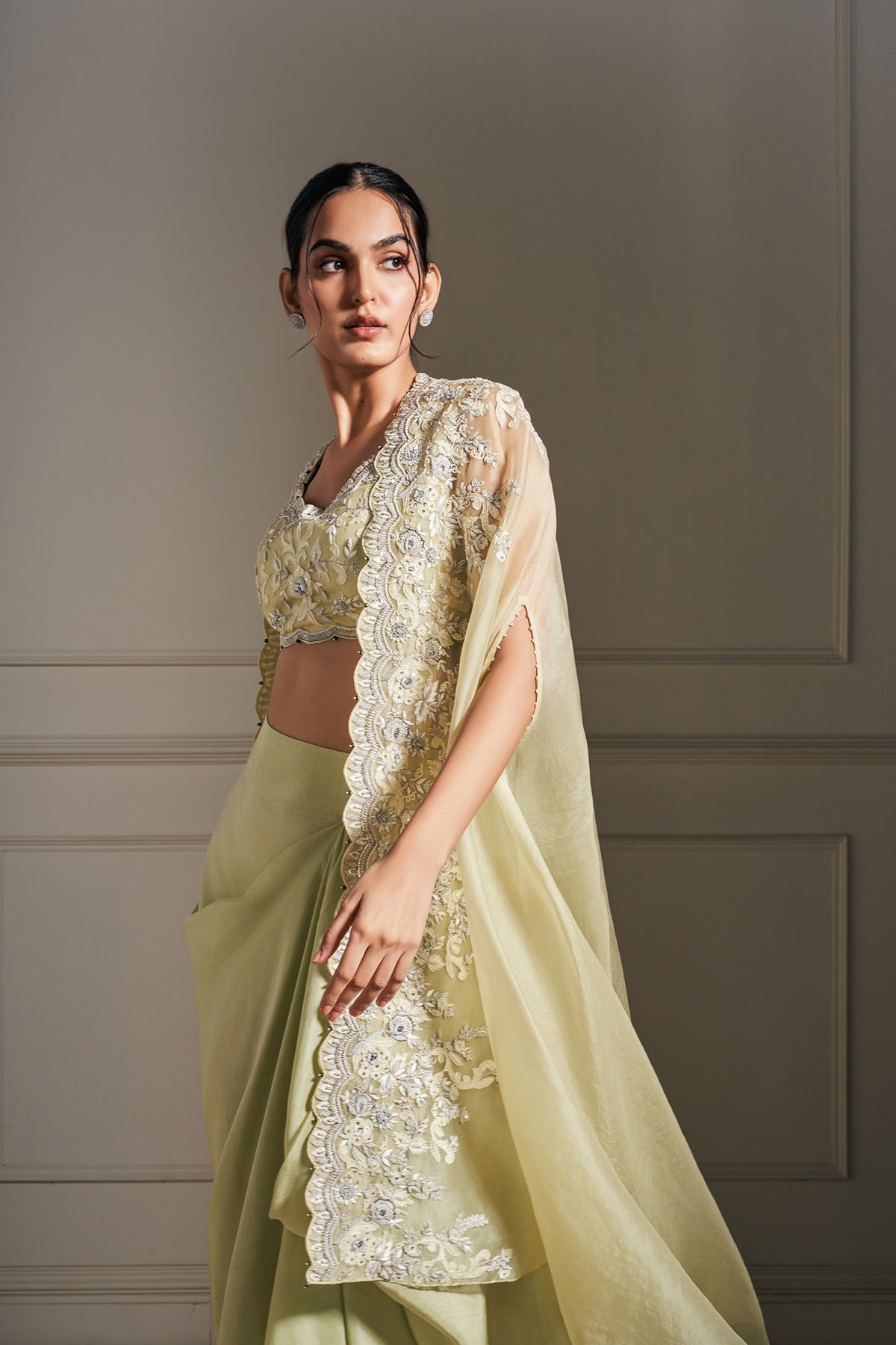 Magical Light Green Hand Embellished Cape Set