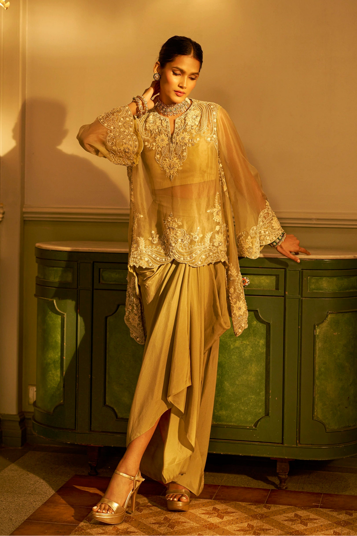 Green Shadow Embroidered Fusion Set