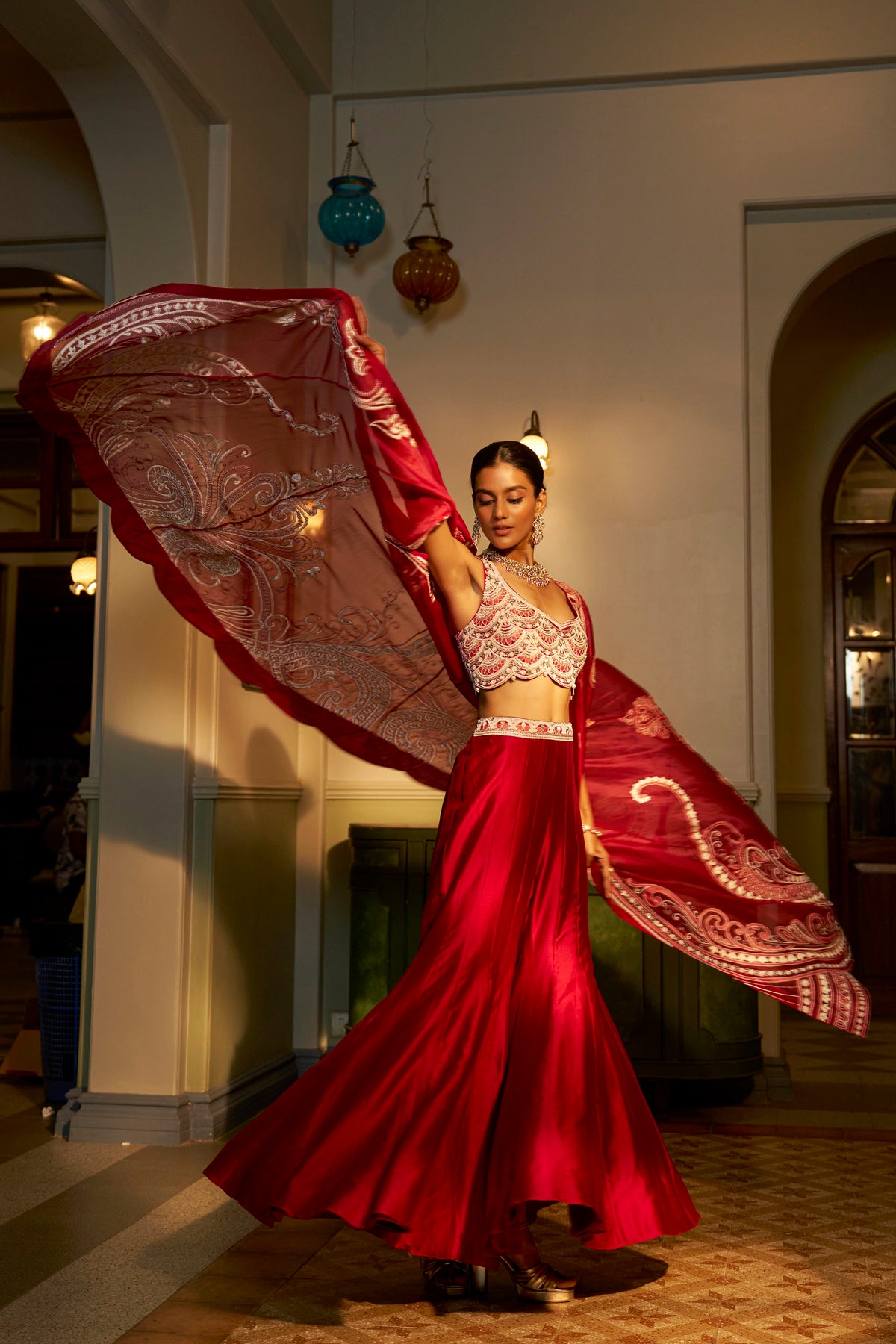 Red Hand-Embellished Shadow Work Cape Set