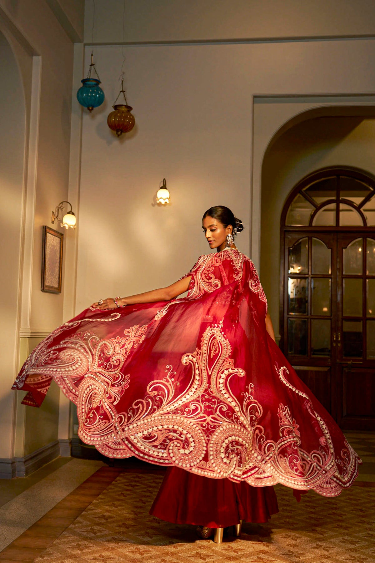Red Hand-Embellished Shadow Work Cape Set