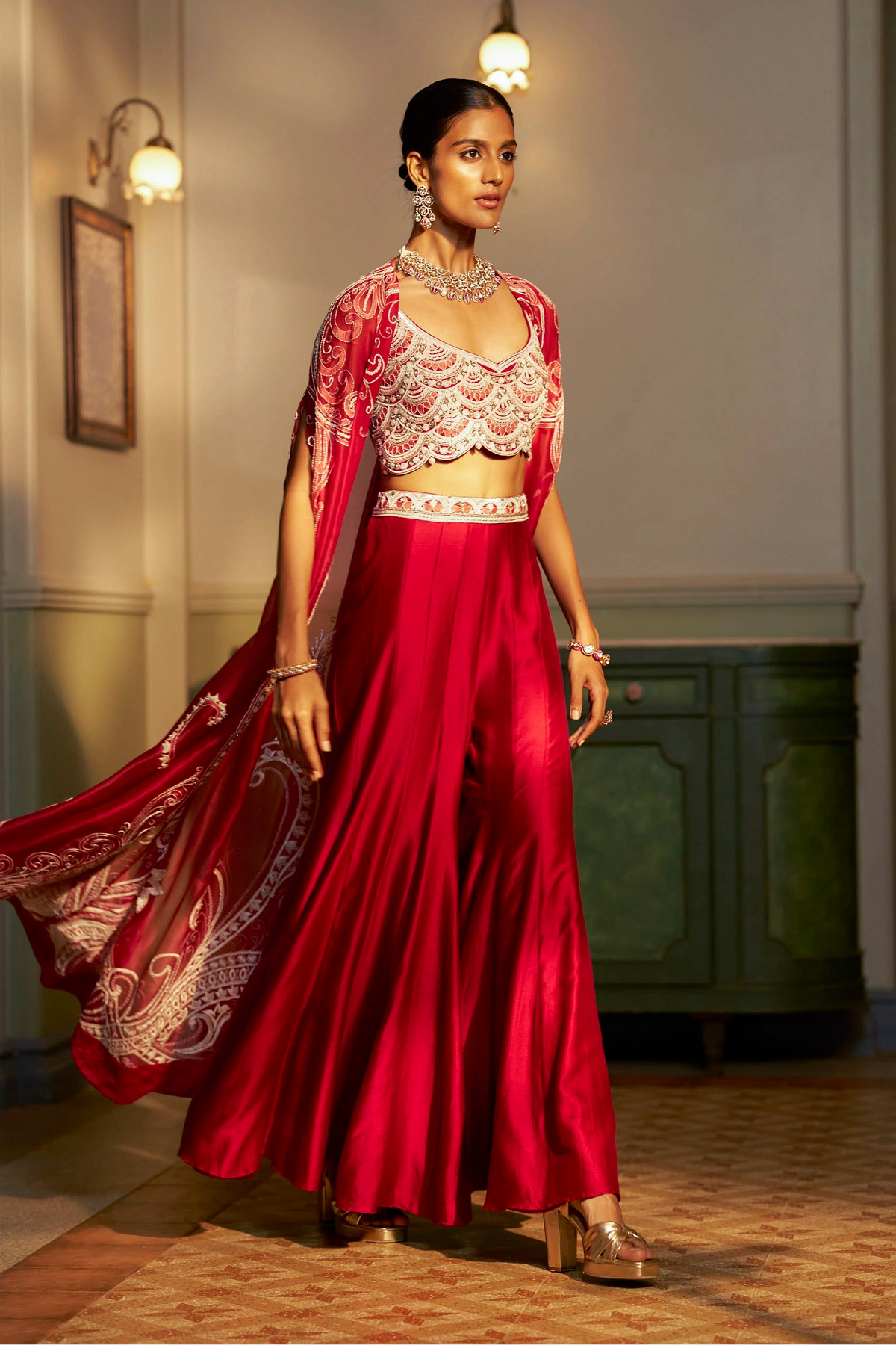 Red Hand-Embellished Shadow Work Cape Set