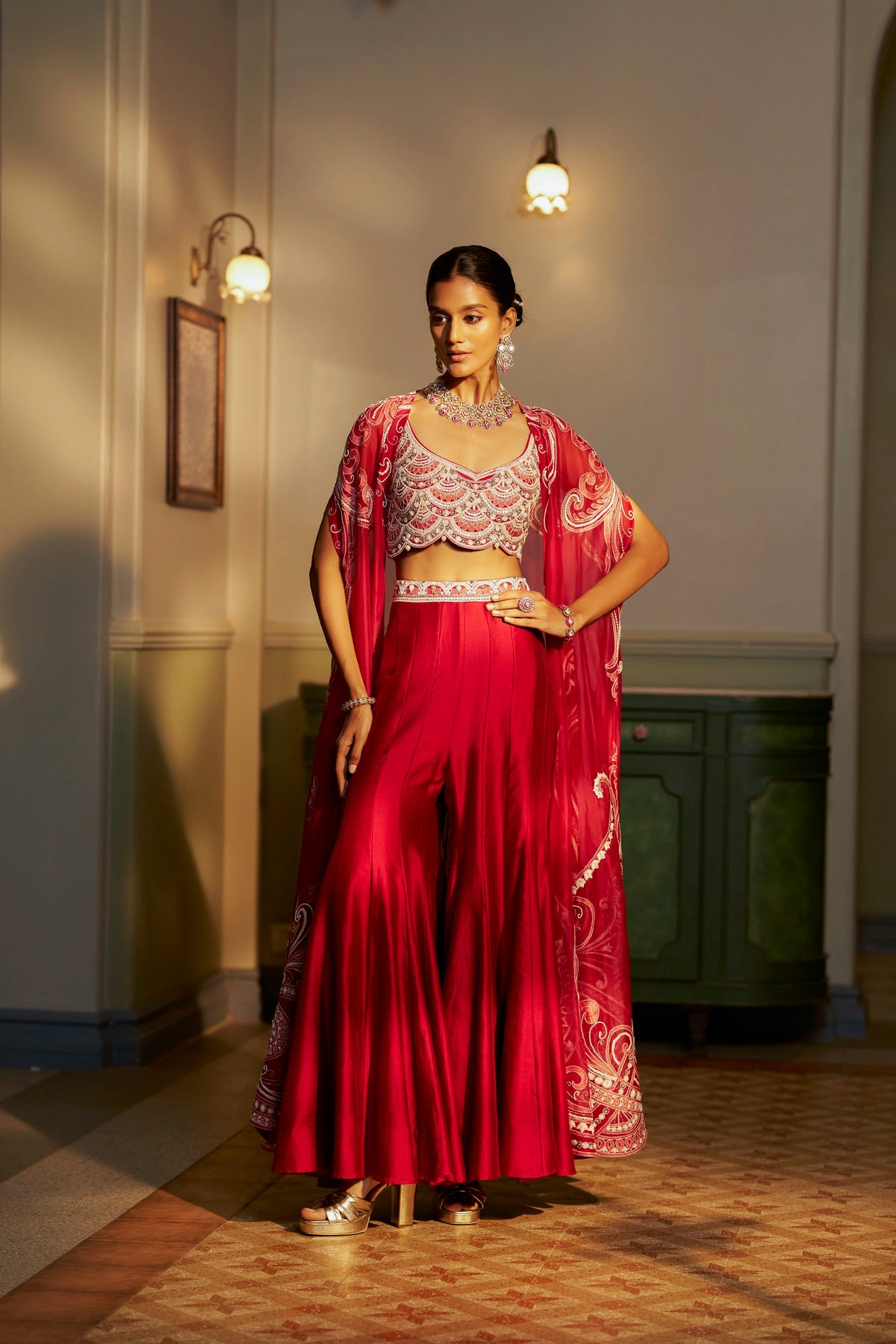 Red Hand-Embellished Shadow Work Cape Set