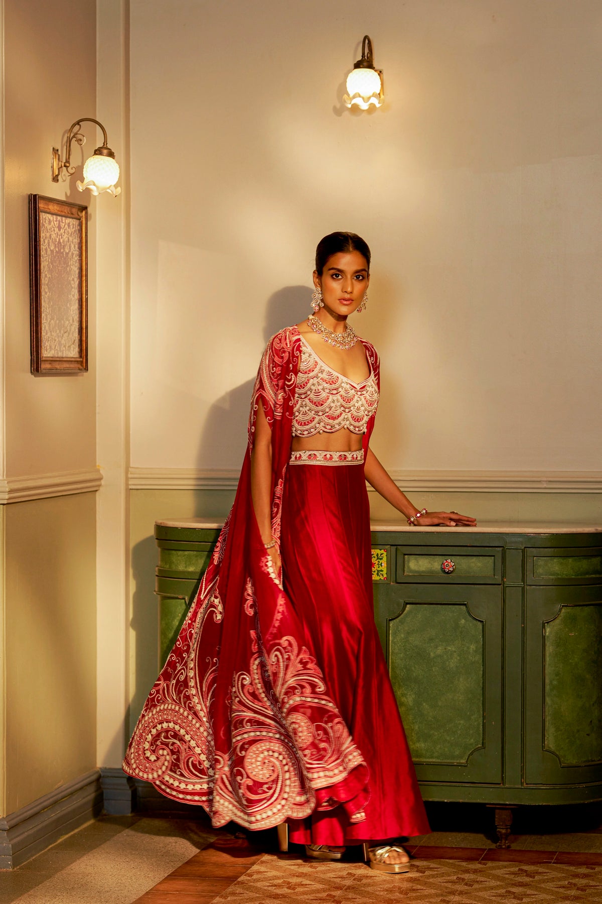 Red Hand-Embellished Shadow Work Cape Set