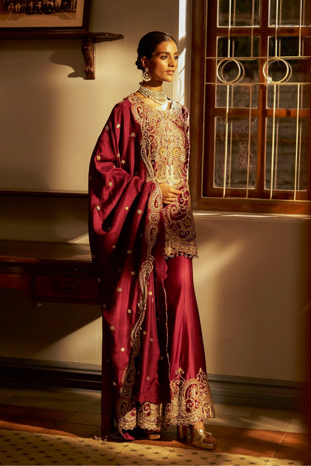 Wine Hand-Embellished Sharara Set