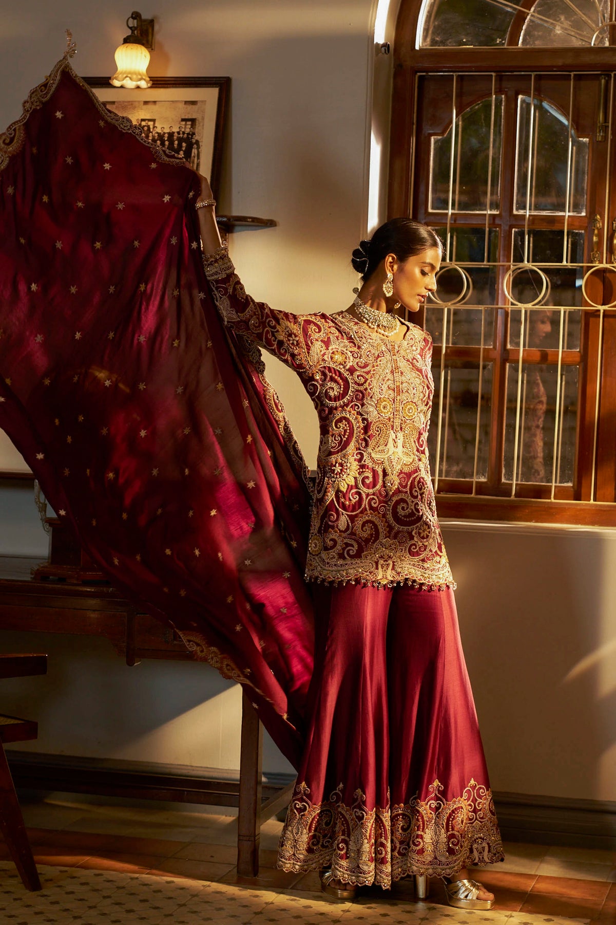 Wine Hand-Embellished Sharara Set