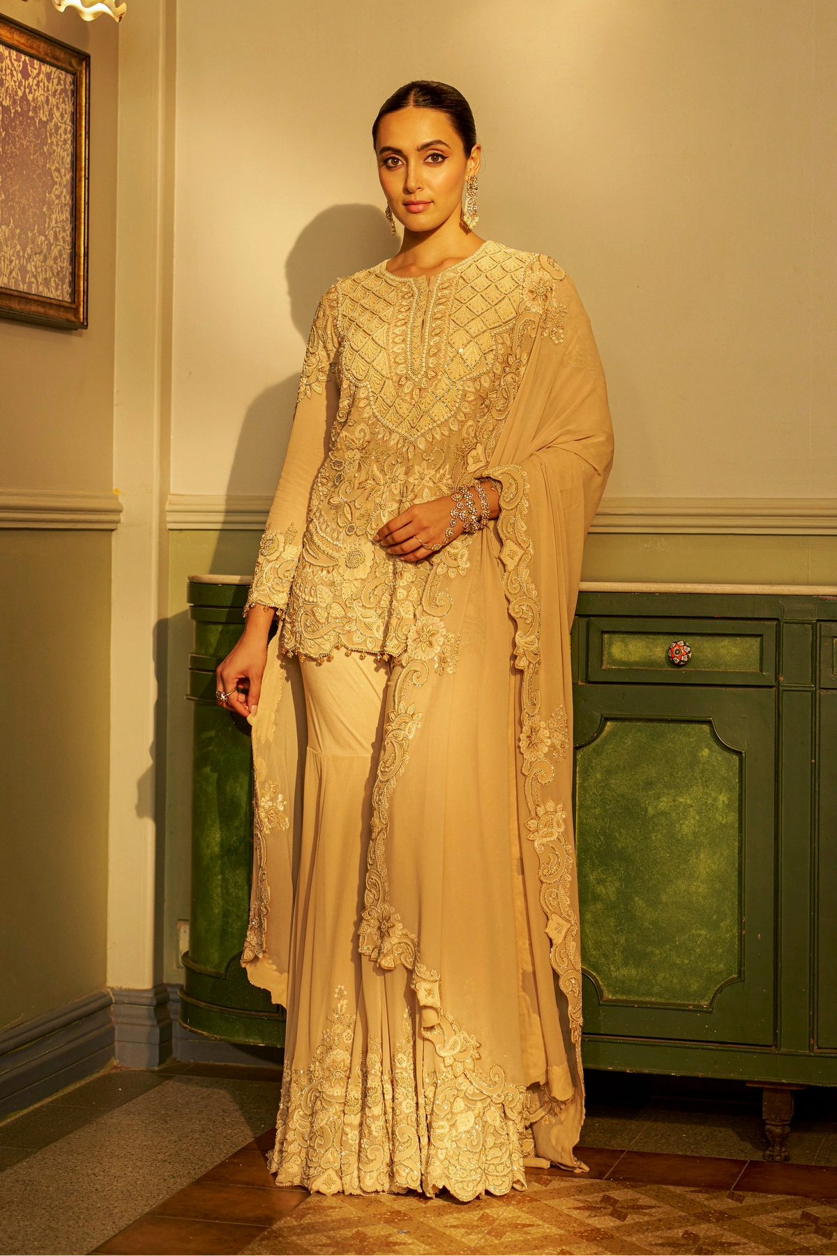 Champagne Beige Shadow Work Sharara Set