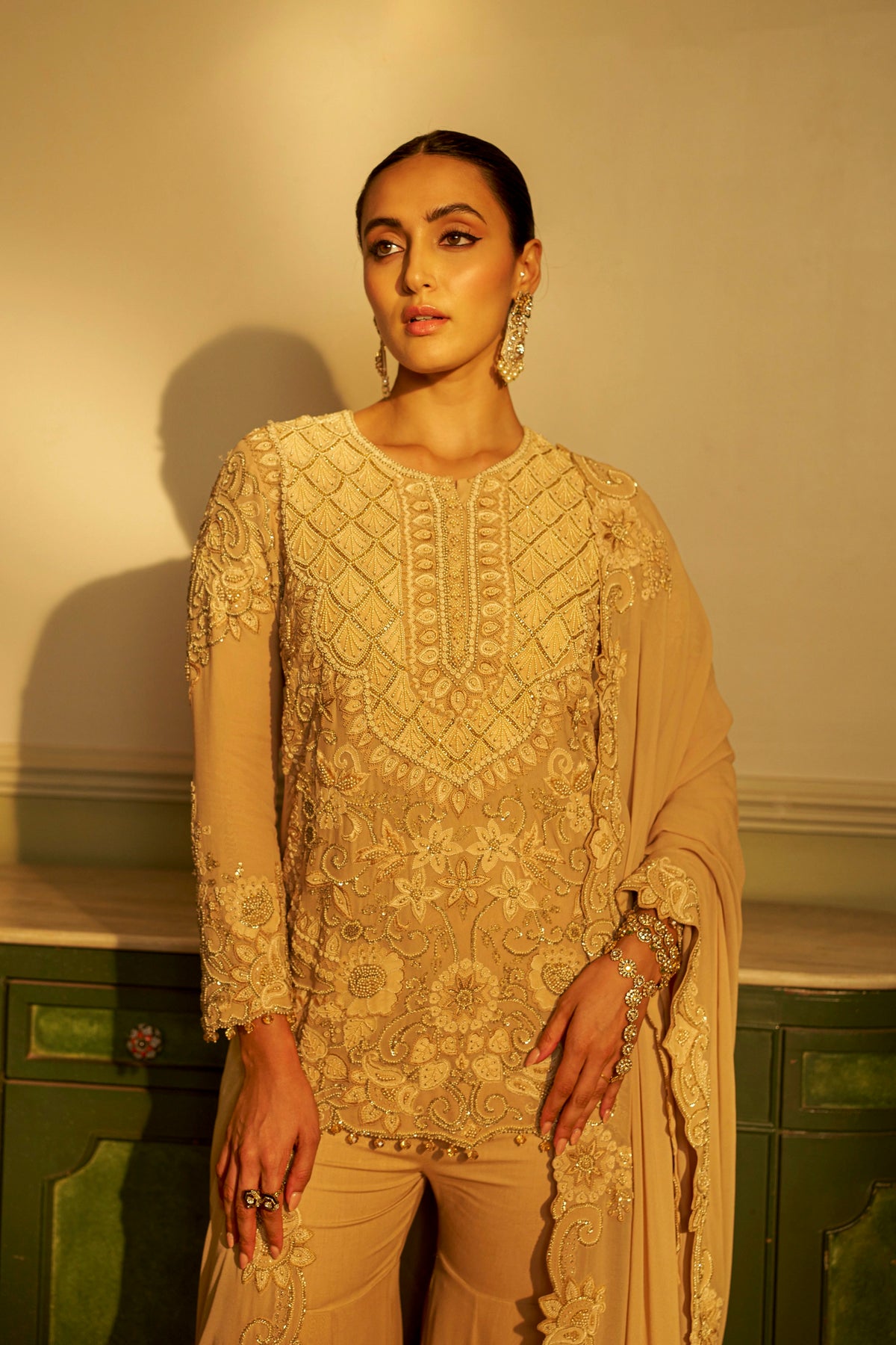 Champagne Beige Shadow Work Sharara Set