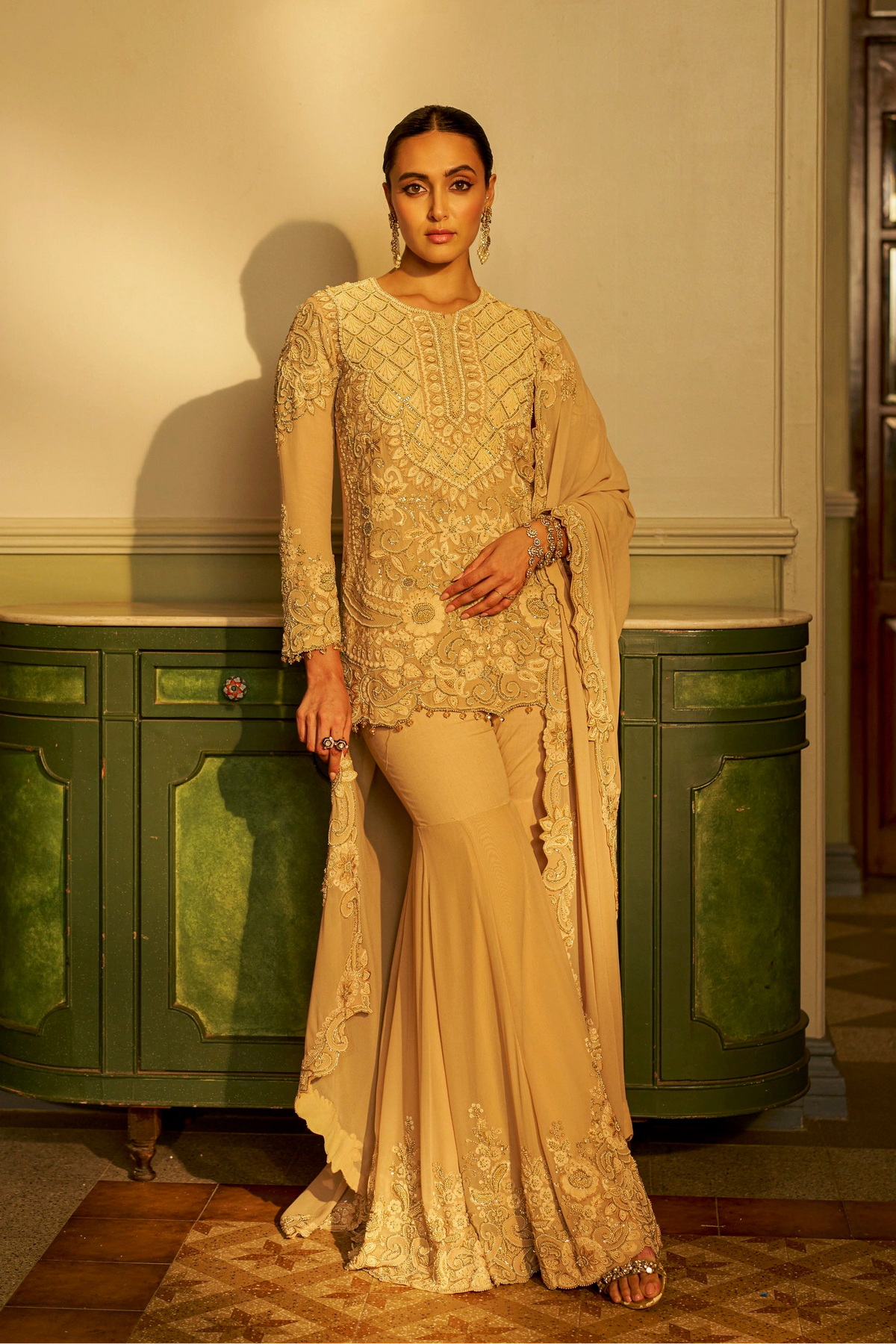 Champagne Beige Shadow Work Sharara Set