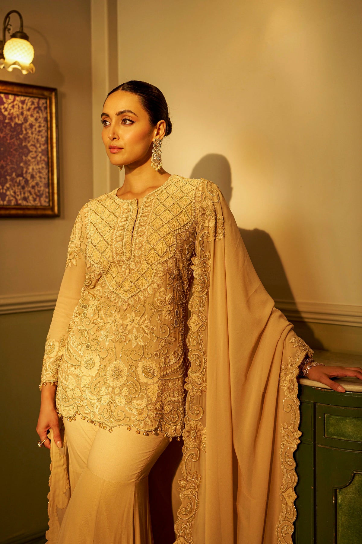 Champagne Beige Shadow Work Sharara Set
