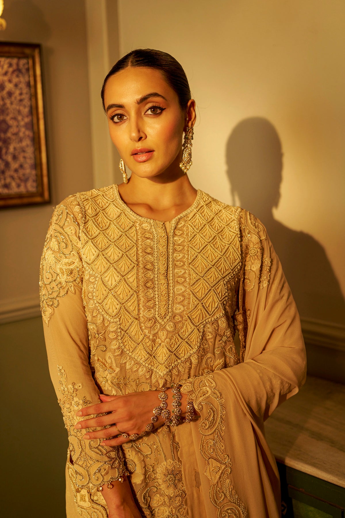Champagne Beige Shadow Work Sharara Set