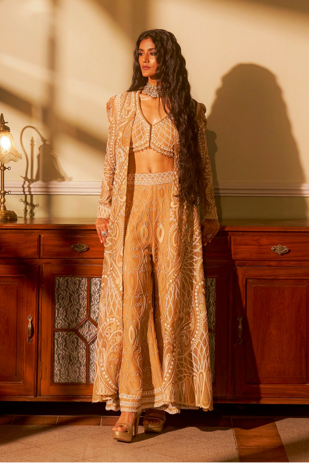 Beige Shadow Embroidered Jacket Set