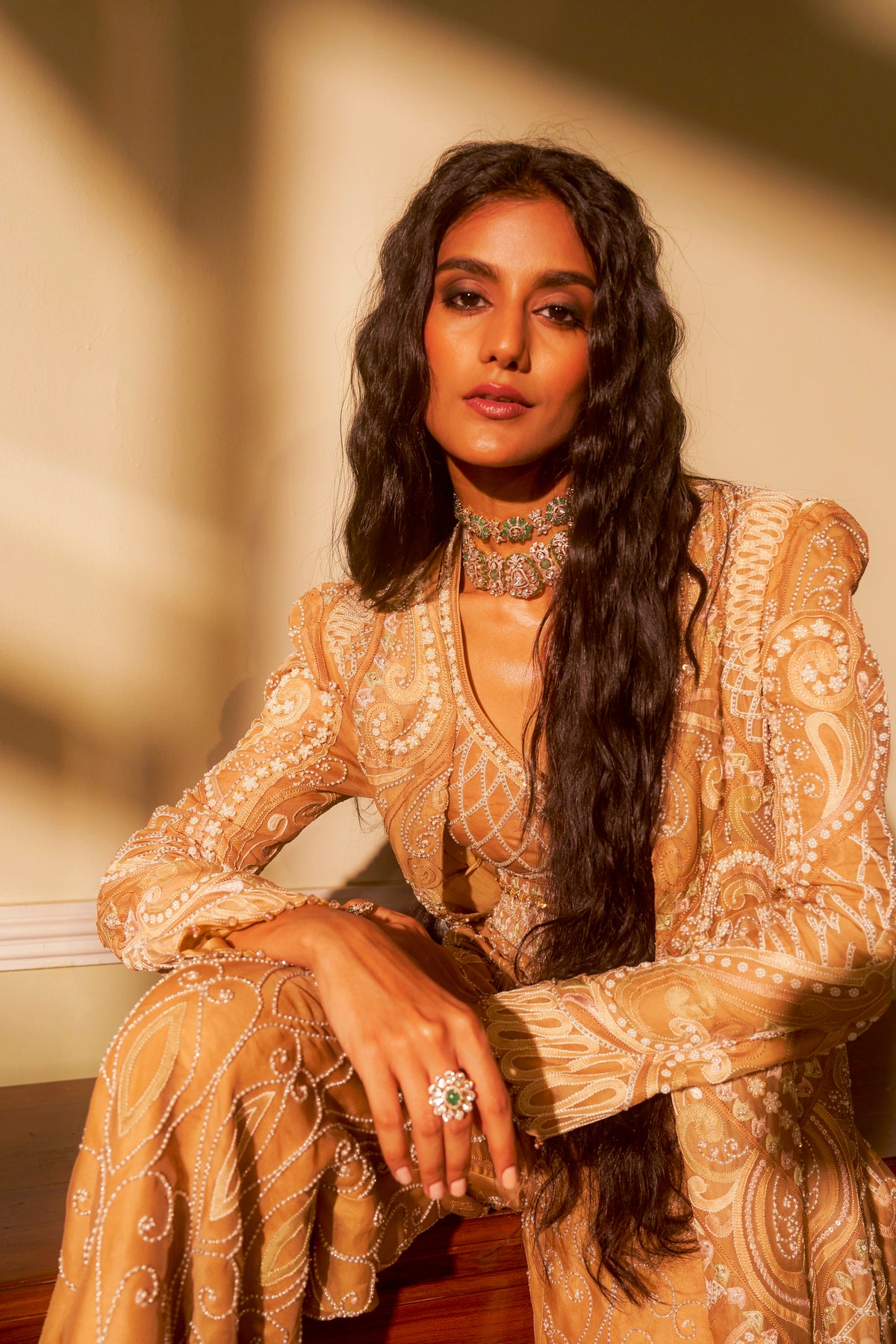 Beige Shadow Embroidered Jacket Set