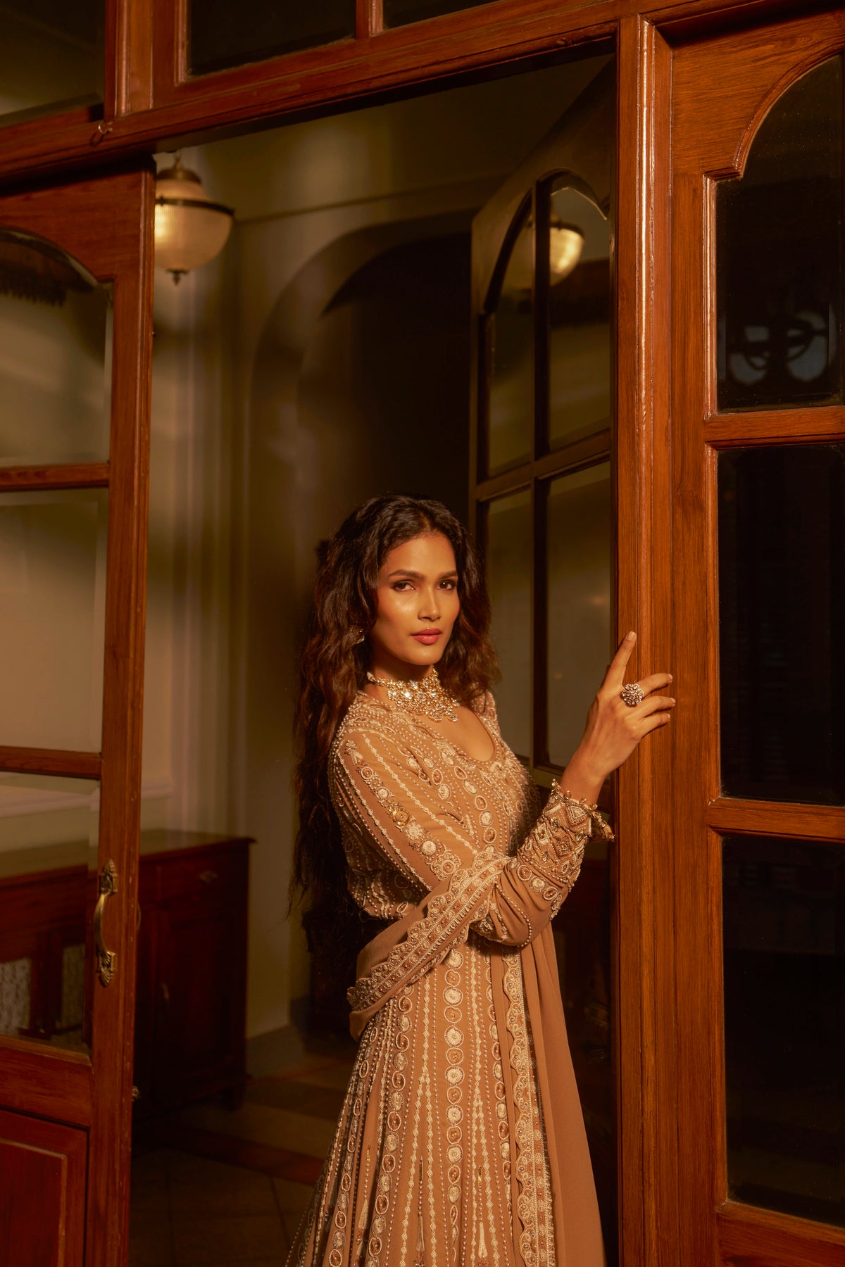 Beige Hand-Embellished Anarkali Set