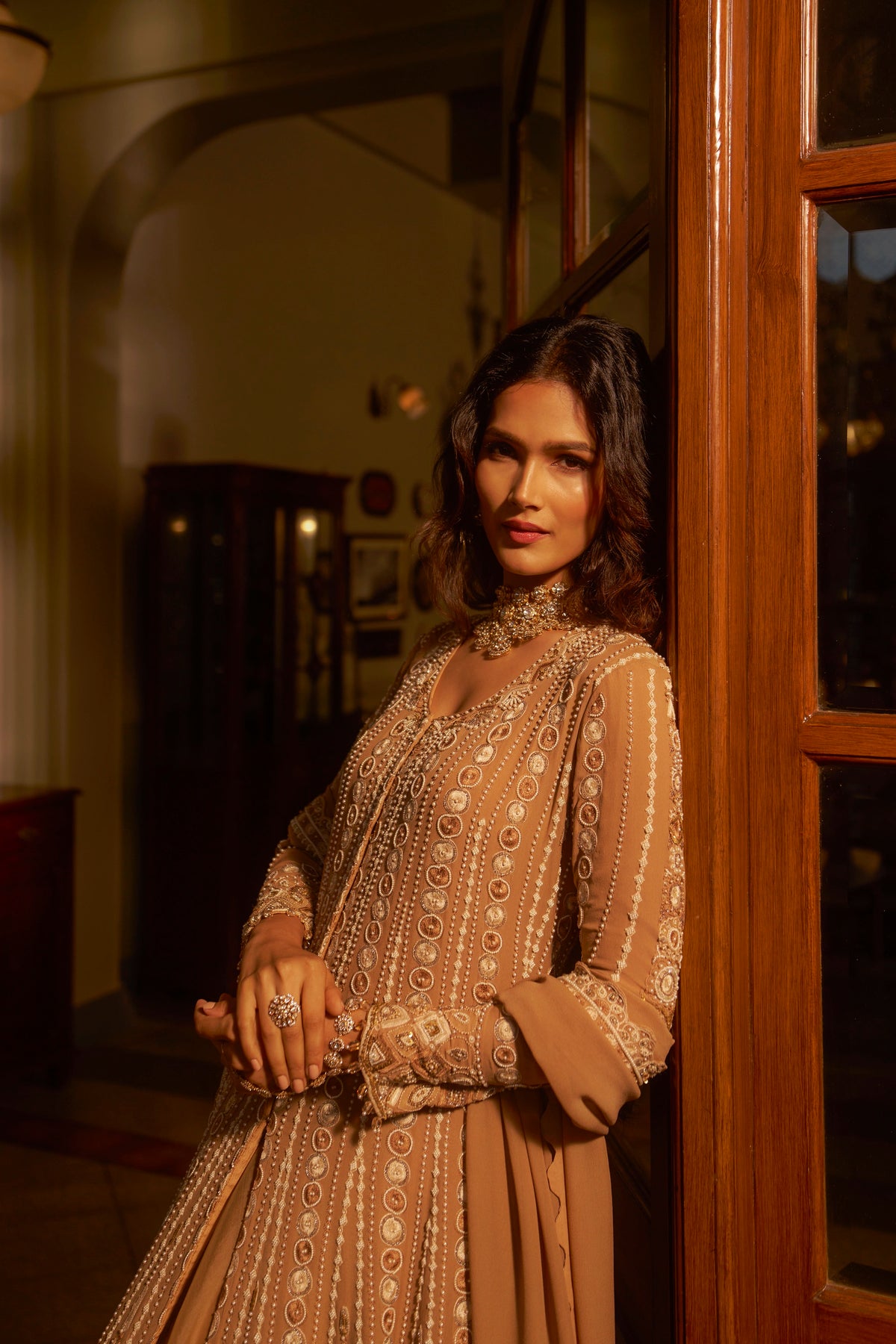Beige Hand-Embellished Anarkali Set