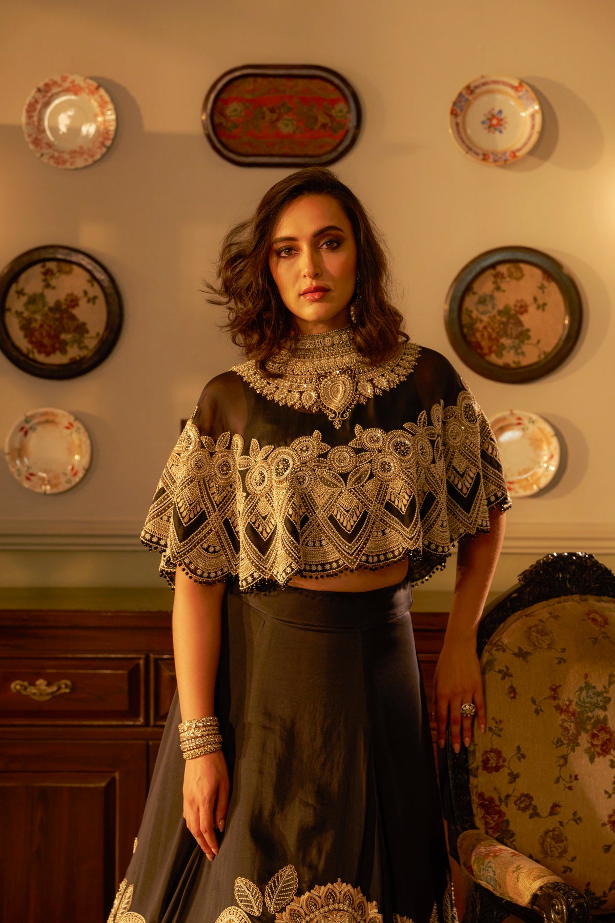 Black Shadow Work Fusion Lehenga Set