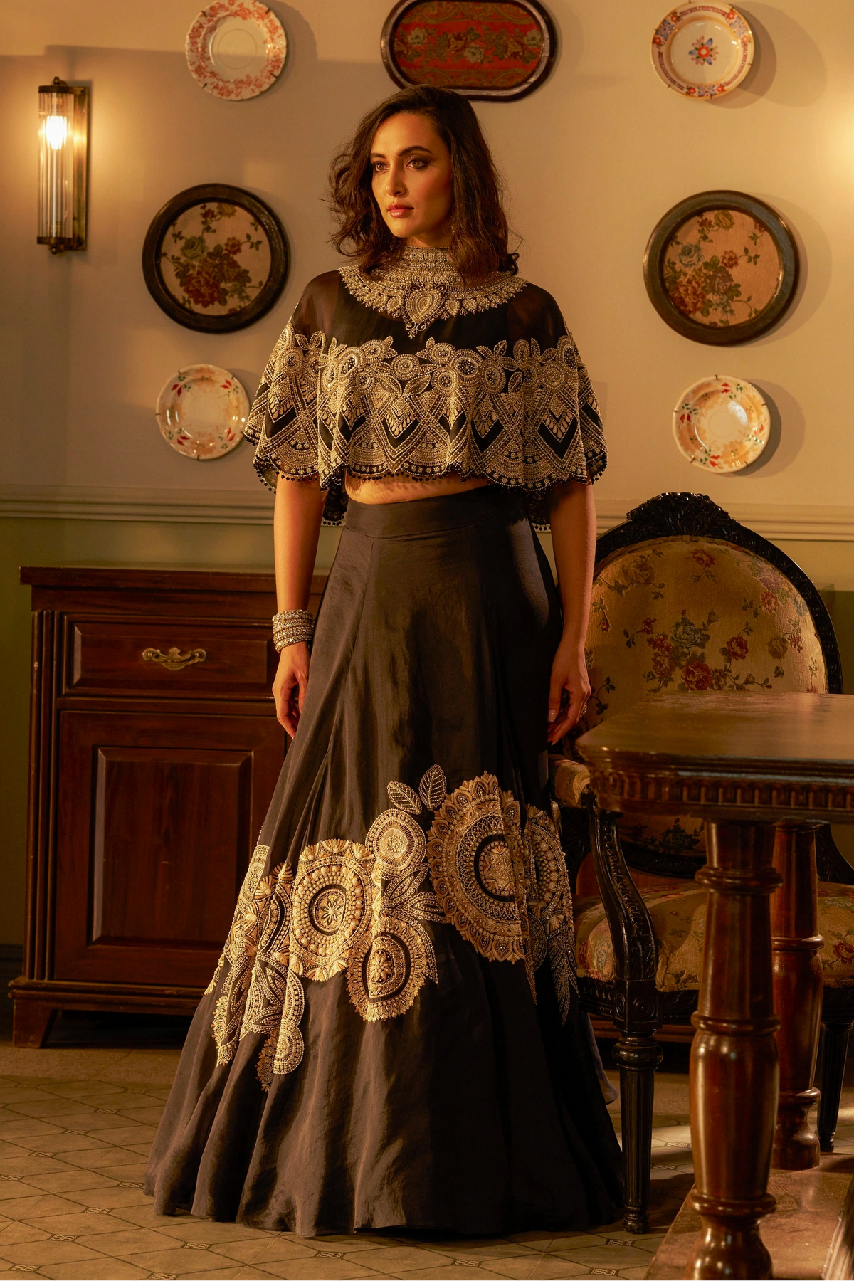 Black Shadow Work Fusion Lehenga Set
