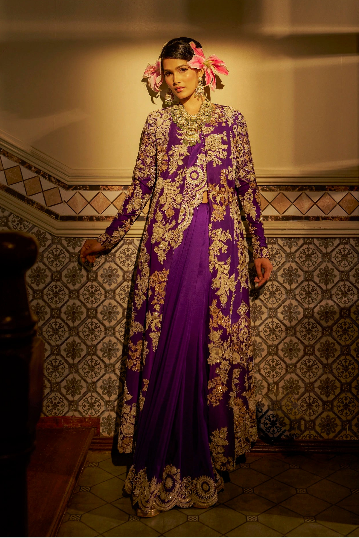 Purple Hand-Embroidered Jacket Set