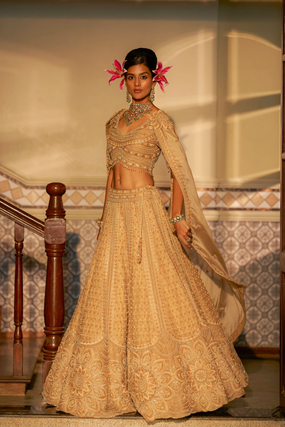 Champagne Beige Hand-Embellished Shadow Work Lehenga Set