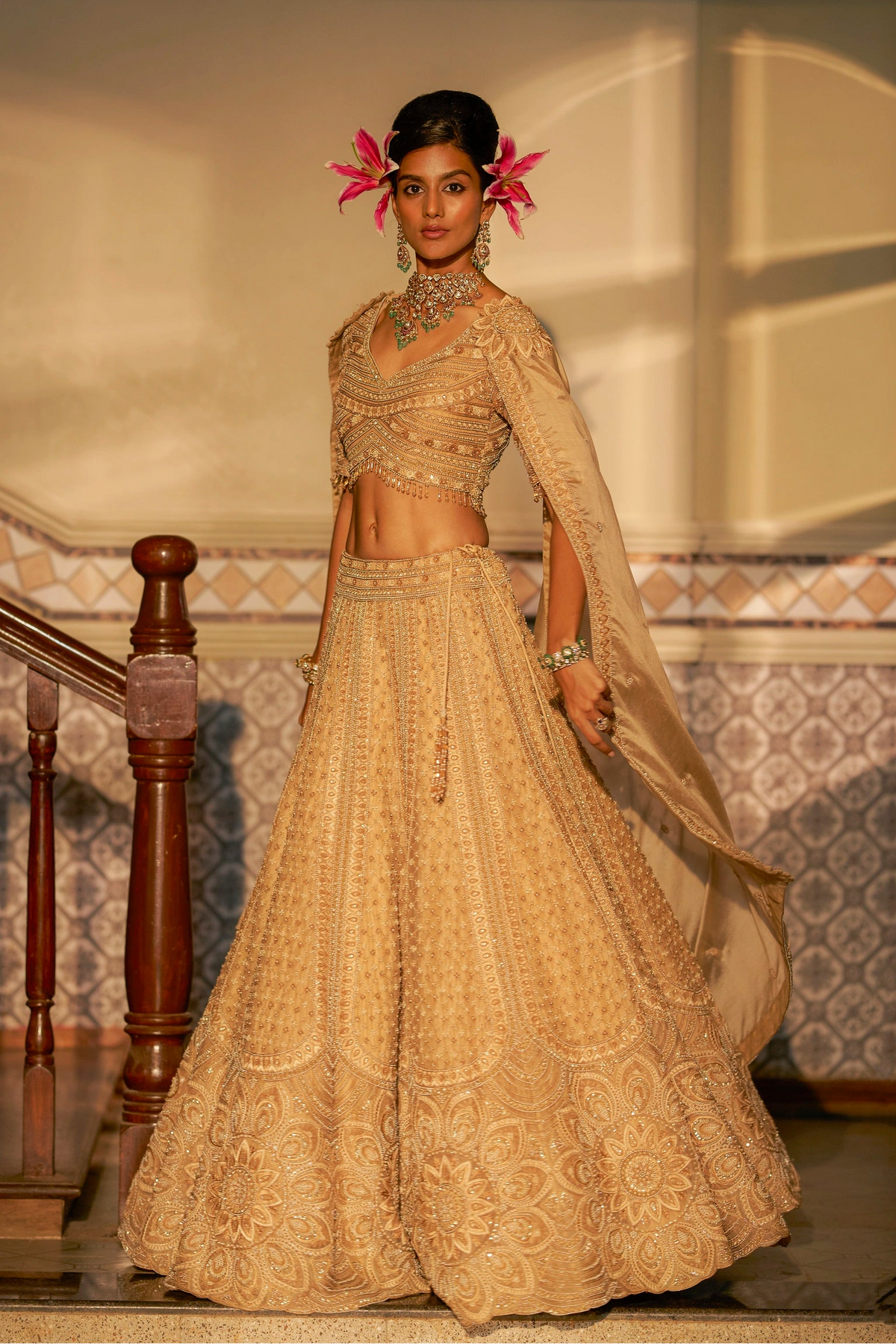 Champagne Beige Hand-Embellished Shadow Work Lehenga Set