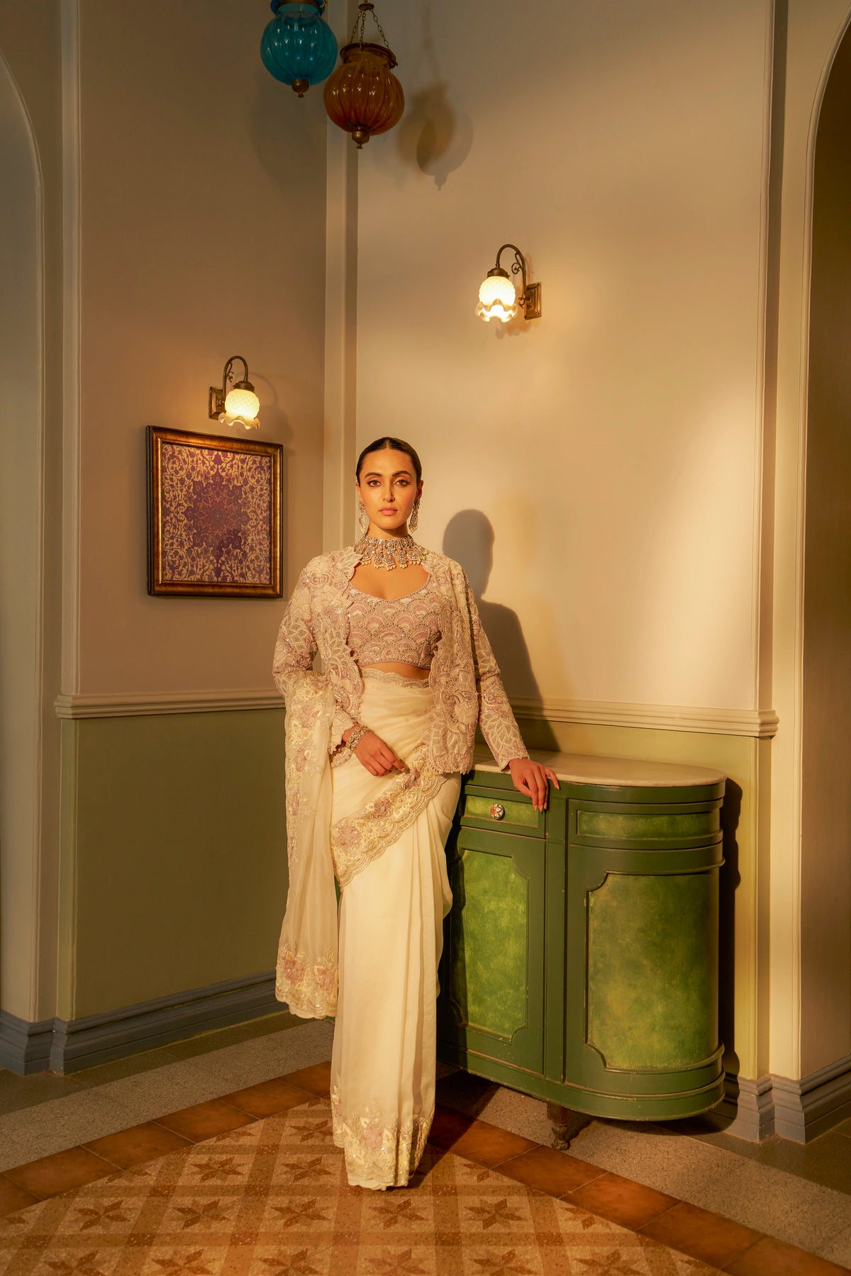 Ivory Fusion Saree Set with Lilac Jacket