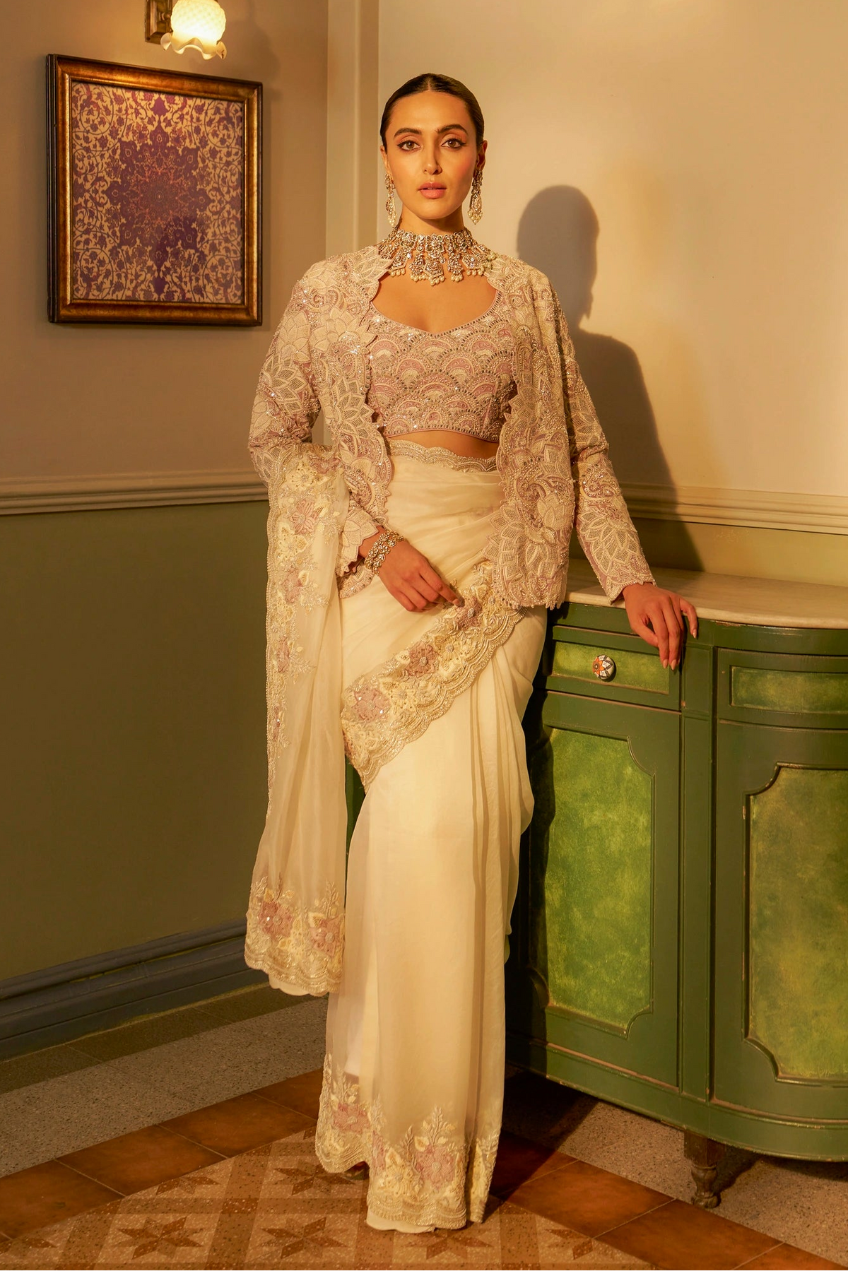 Ivory Fusion Saree Set with Lilac Jacket