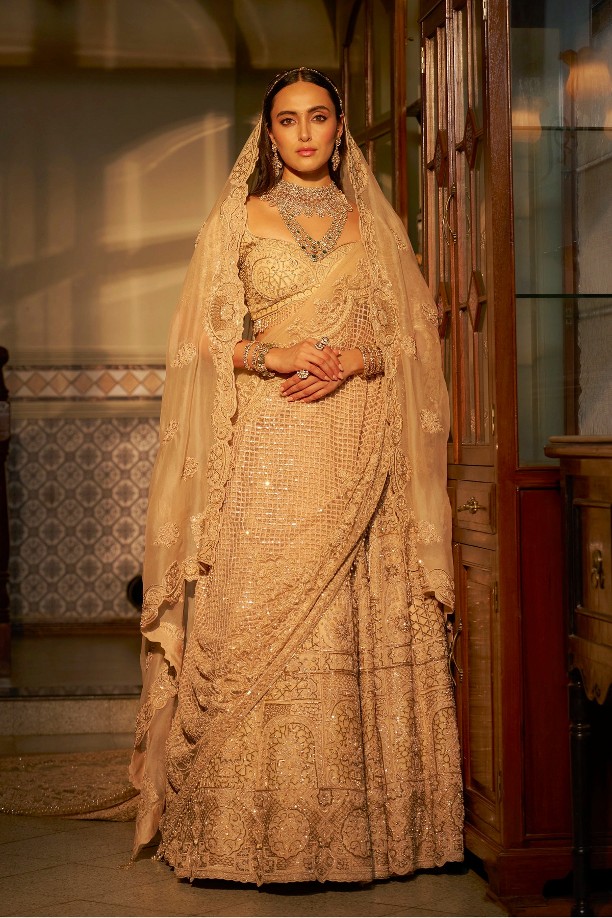Champagne Beige Lehenga Set with Saree