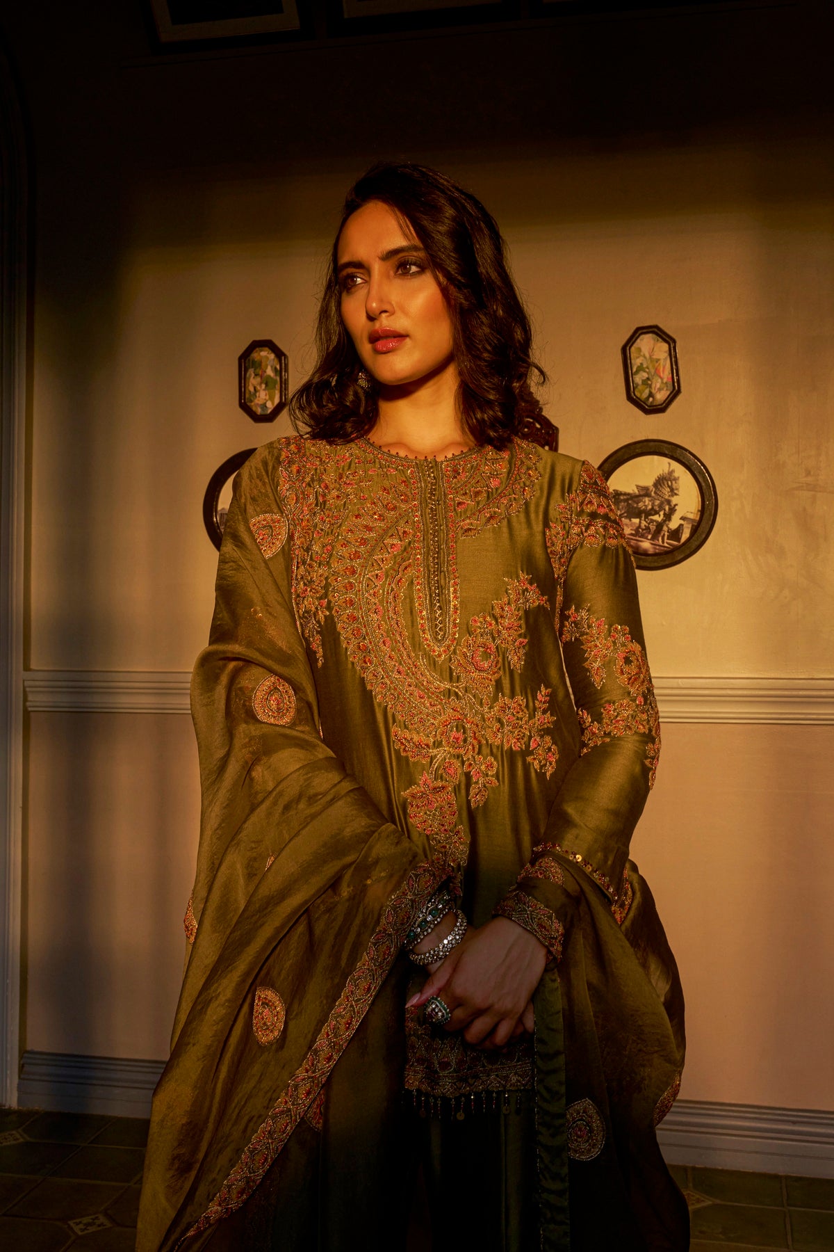 Olive Hand-Embellished Sharara Set