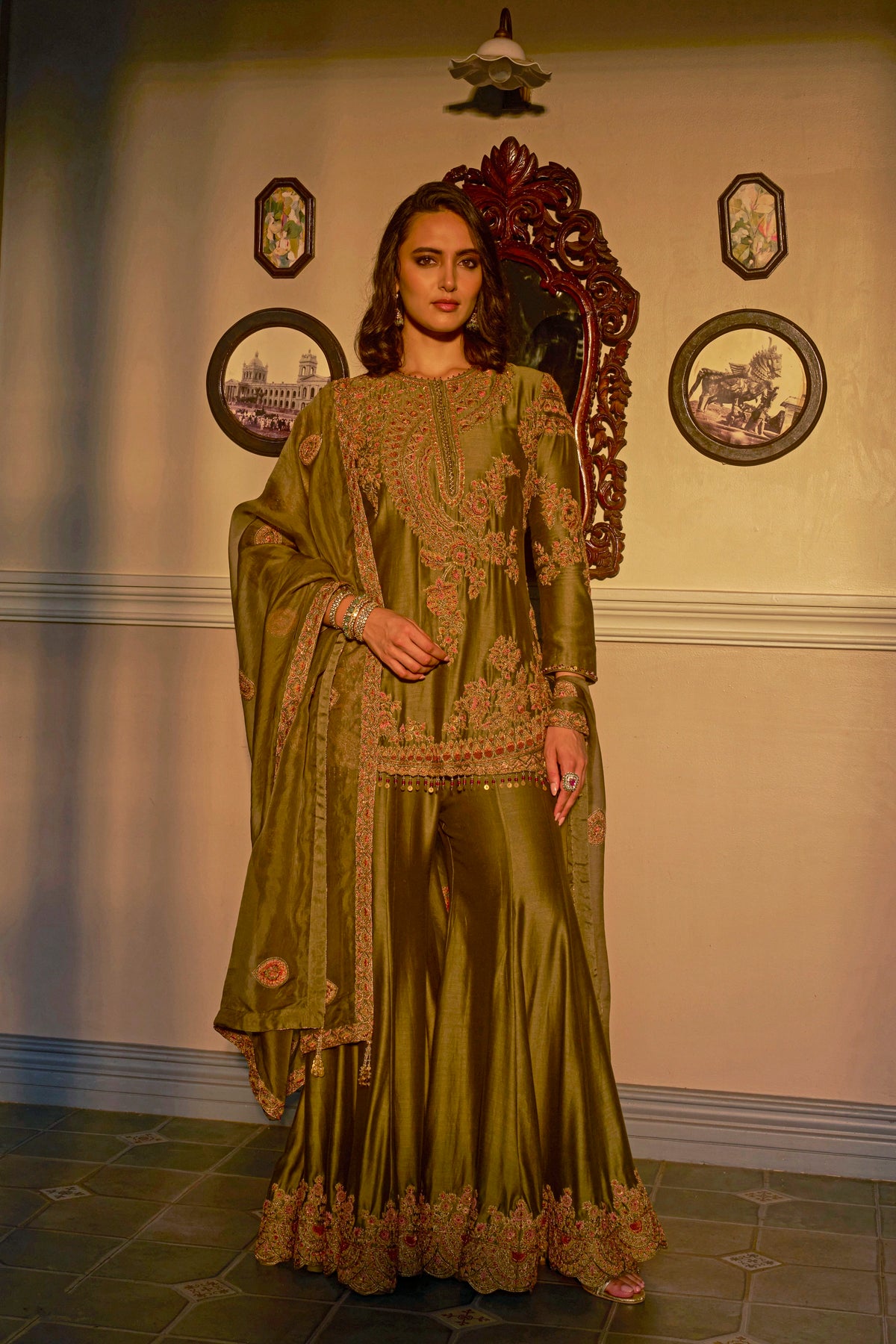 Olive Hand-Embellished Sharara Set