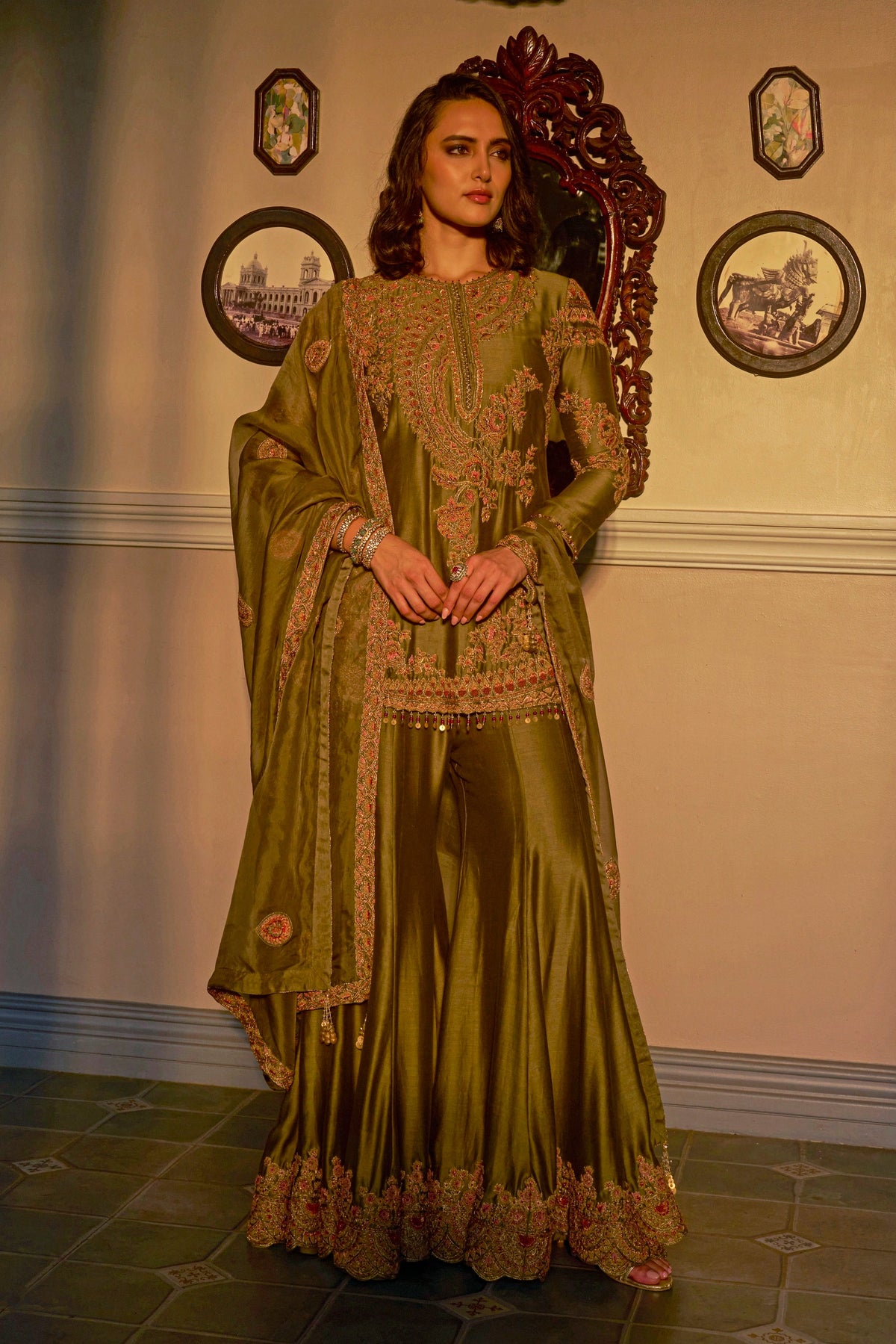 Olive Hand-Embellished Sharara Set