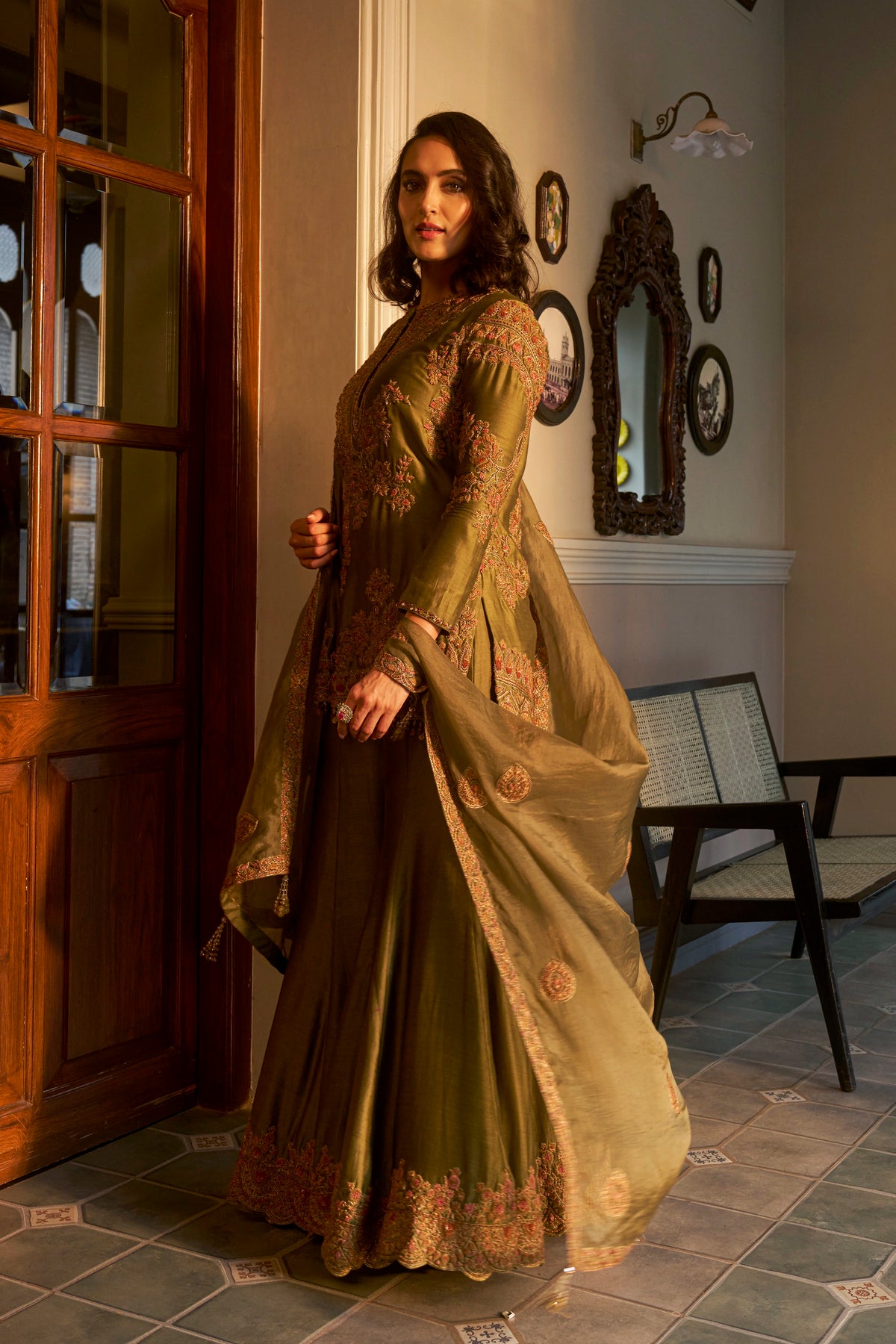 Olive Hand-Embellished Sharara Set