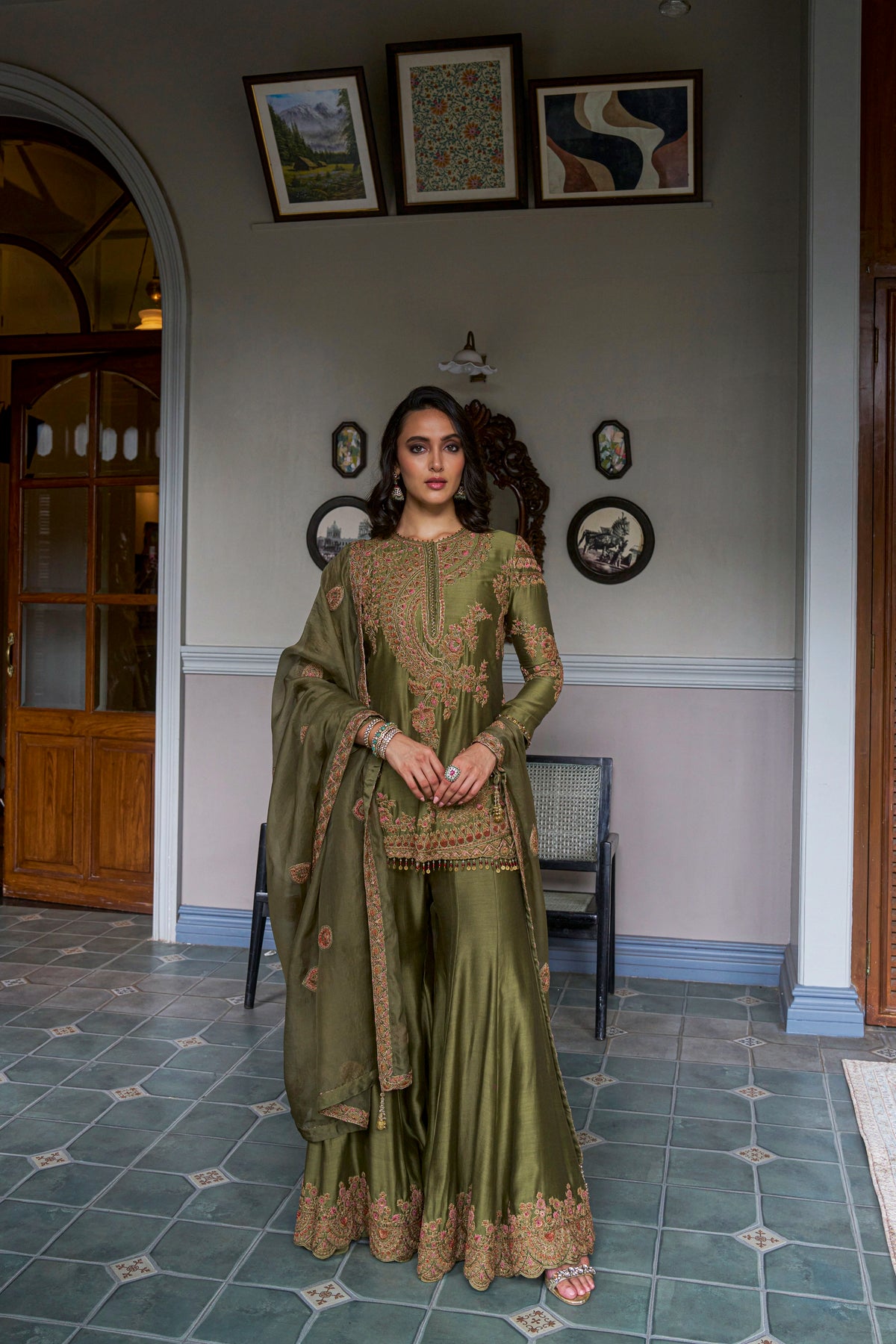 Olive Hand-Embellished Sharara Set