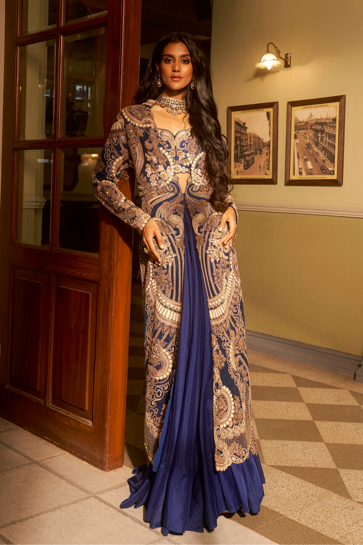Heavily Embroidered Navy Blue Jacket Set