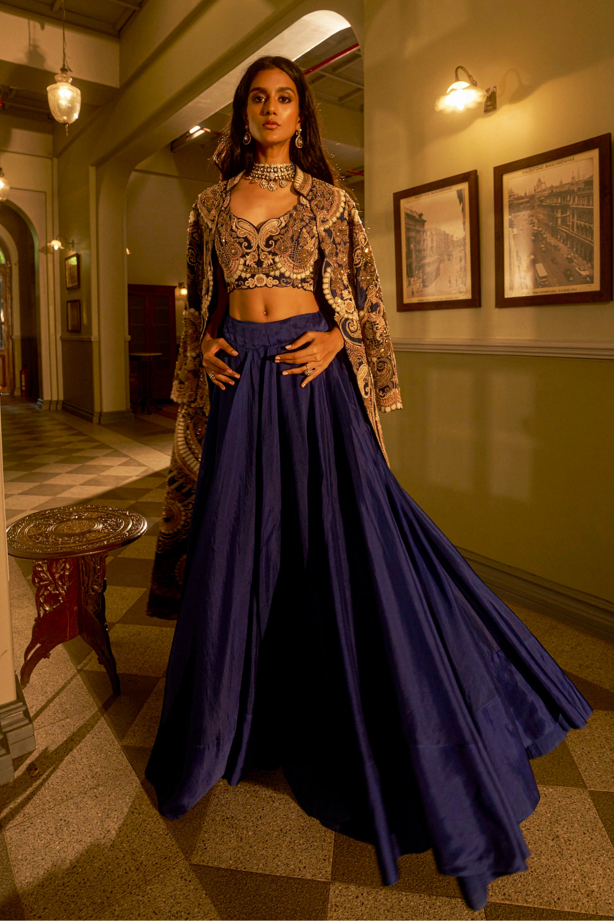 Heavily Embroidered Navy Blue Jacket Set