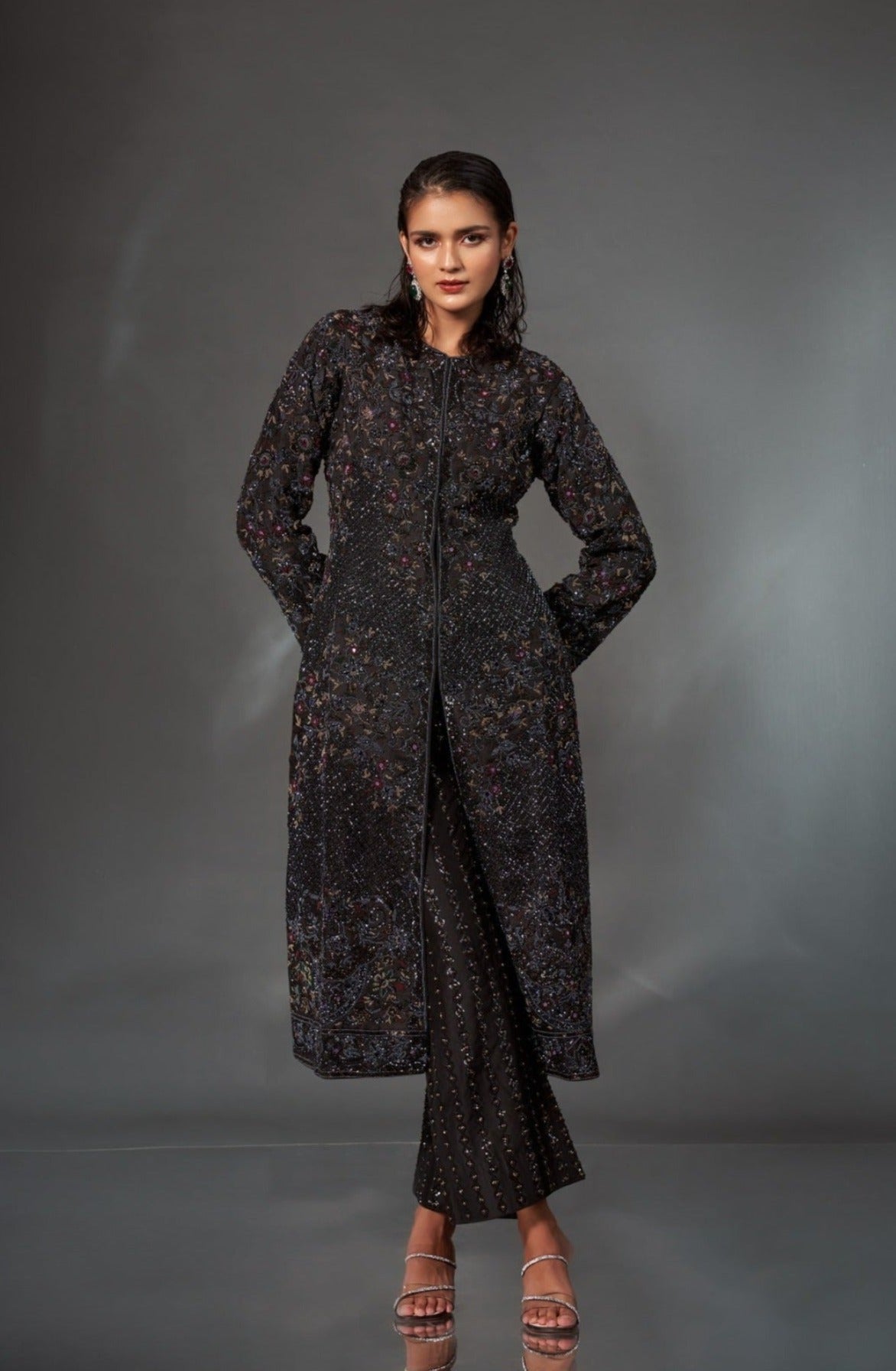 Classic Black Multicolored Jacket Set