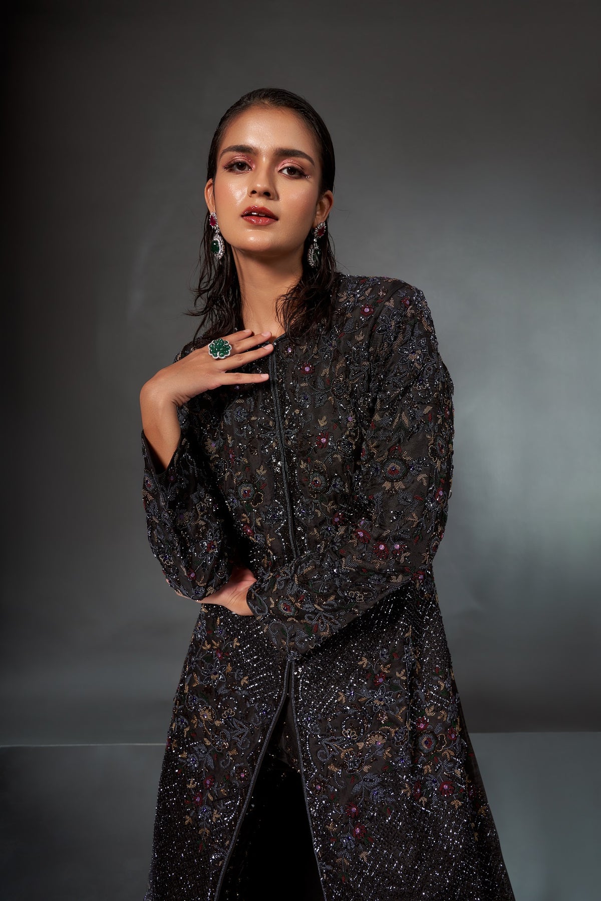 Classic Black Multicolored Jacket Set