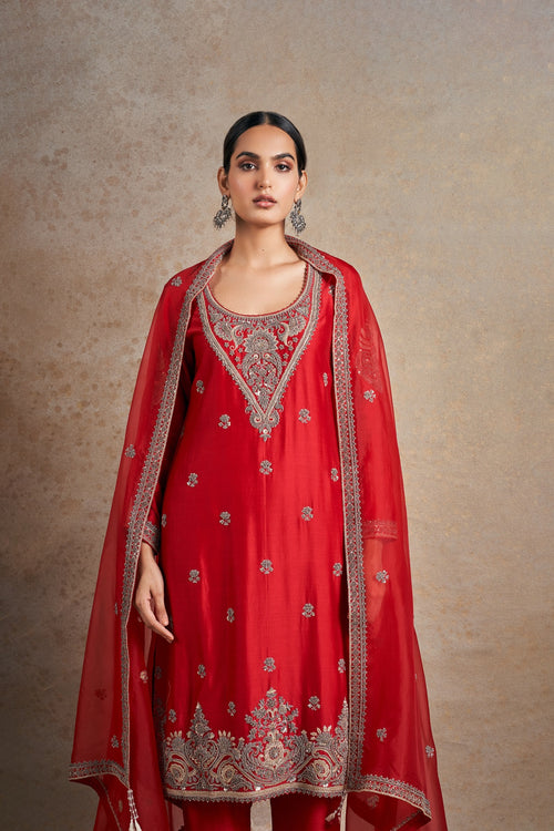 Ravishing Red Hand Embellished Kurta Set