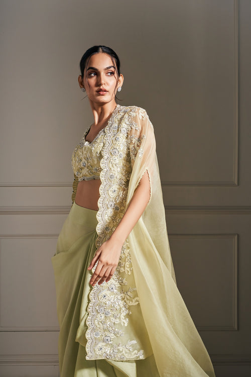 Magical Light Green Hand Embellished Cape Set