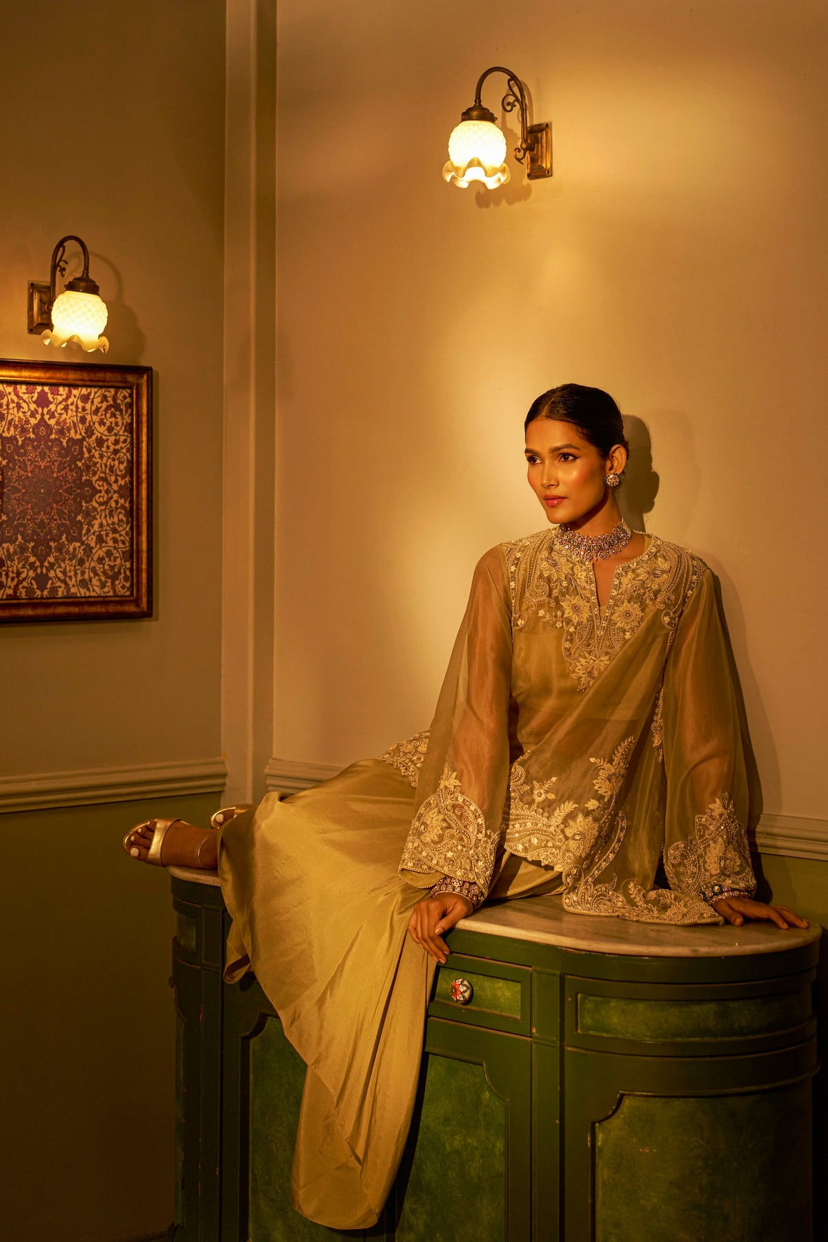 Green Shadow Embroidered Fusion Set