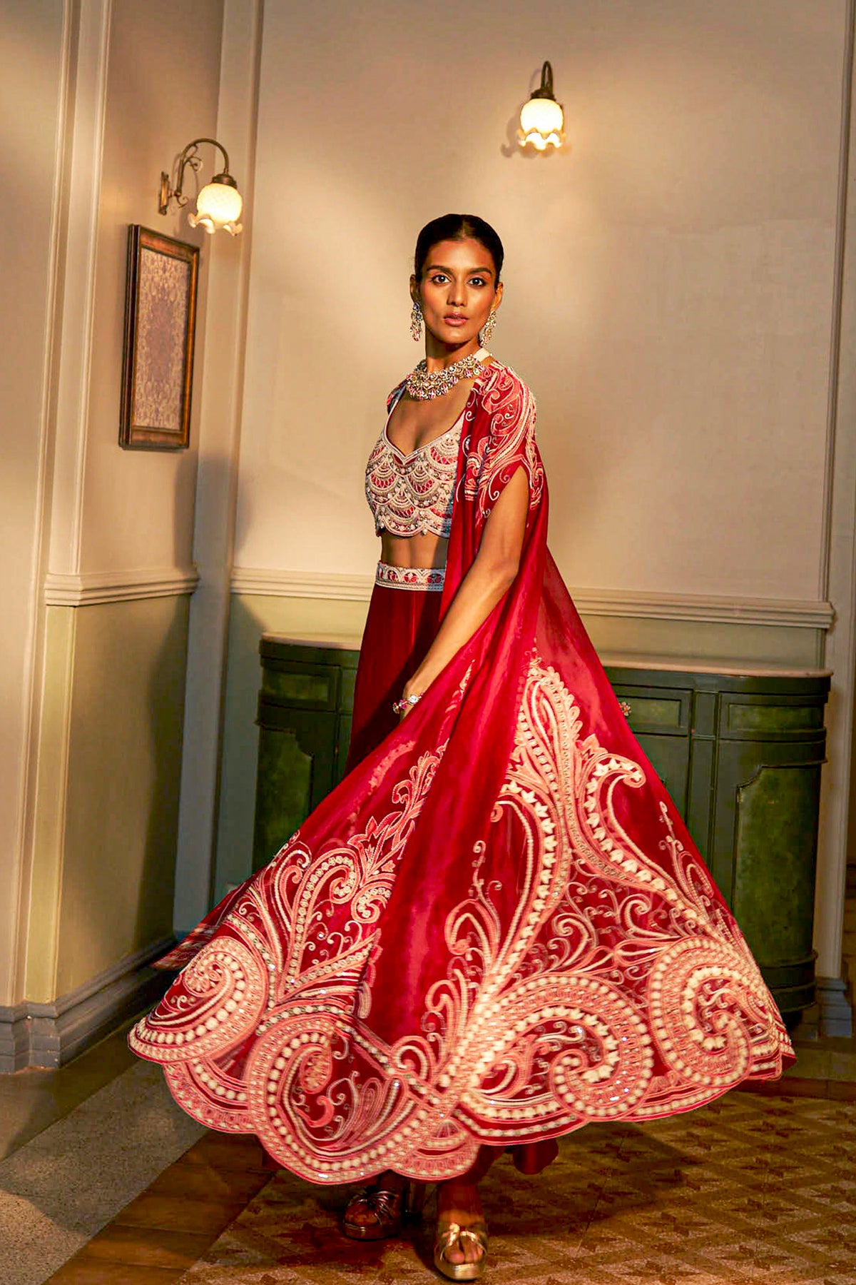 Red Hand-Embellished Shadow Work Cape Set
