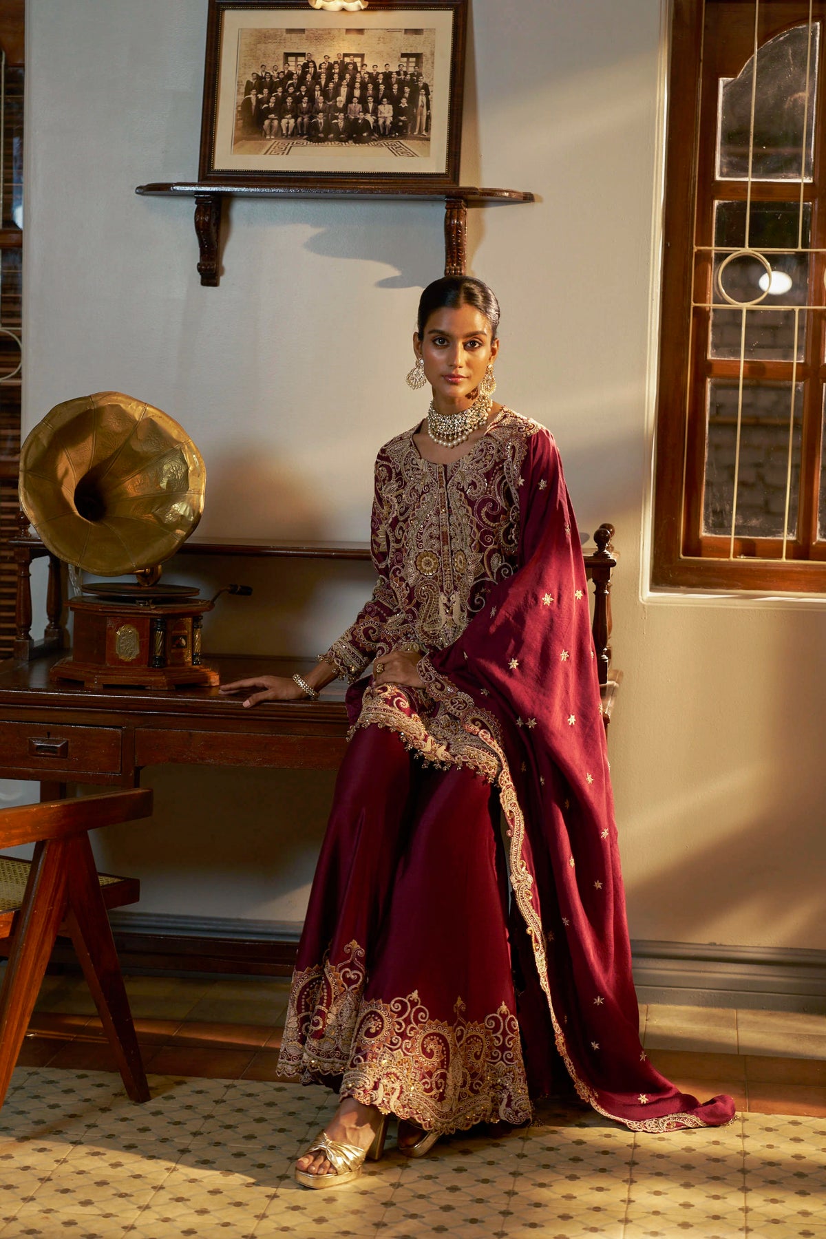 Wine Hand-Embellished Sharara Set