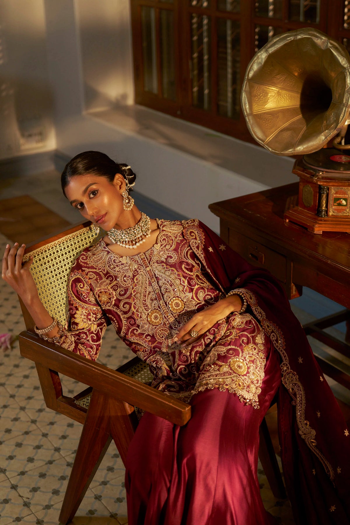 Wine Hand-Embellished Sharara Set