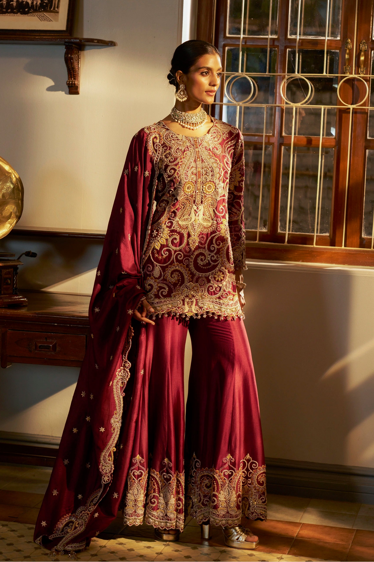 Wine Hand-Embellished Sharara Set
