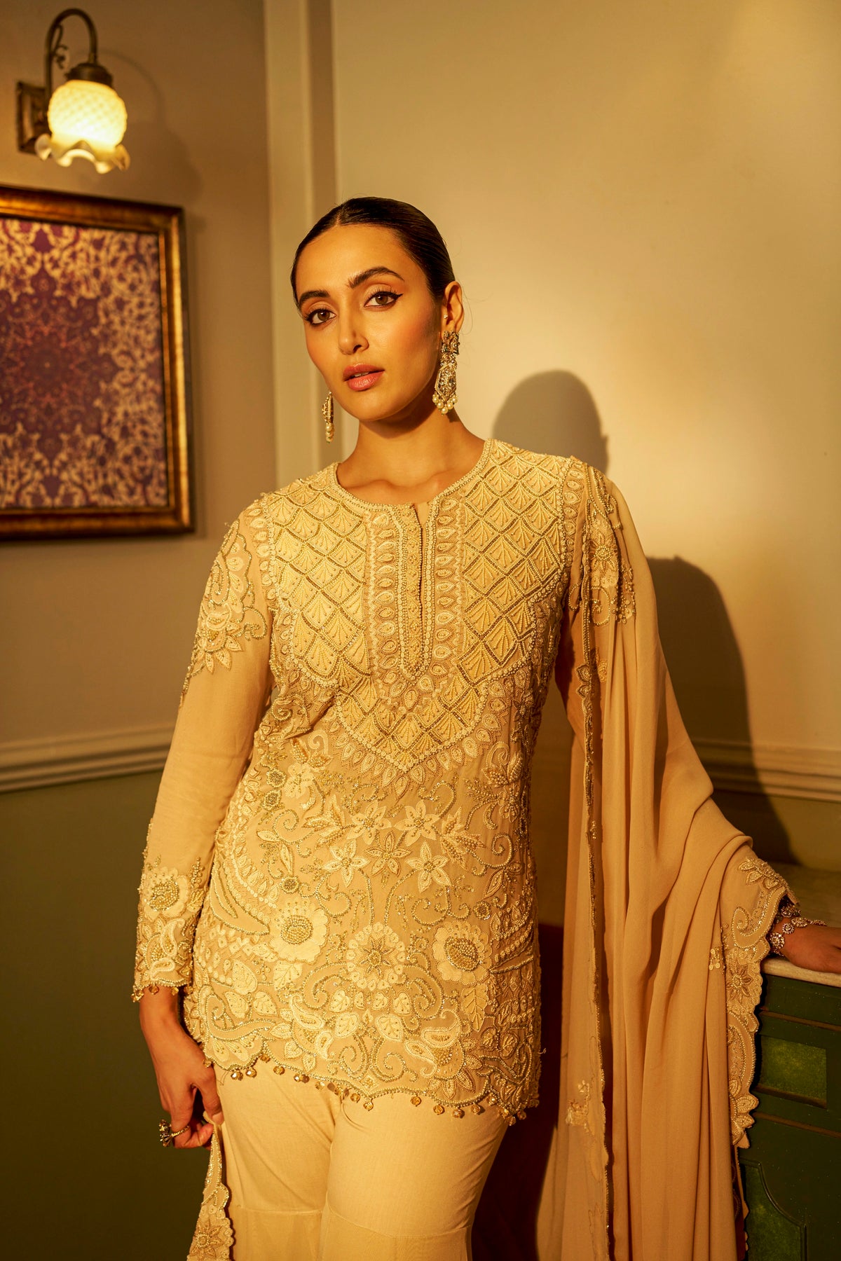 Champagne Beige Shadow Work Sharara Set
