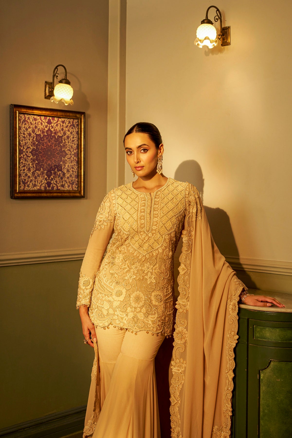Champagne Beige Shadow Work Sharara Set
