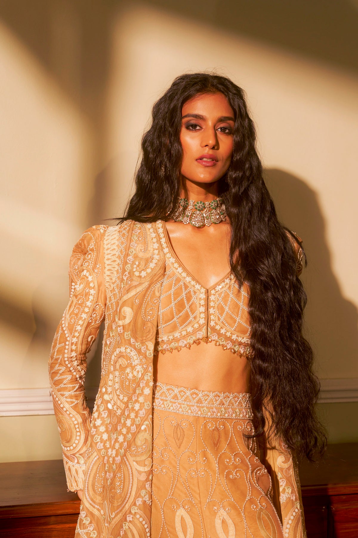 Beige Shadow Embroidered Jacket Set